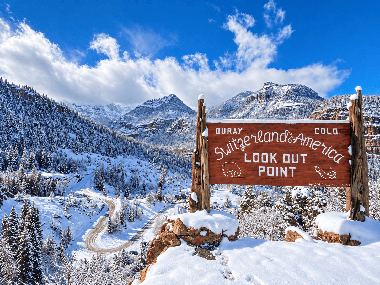 Winter view of Ouray, Colorado with snowy San Juan Mountains.