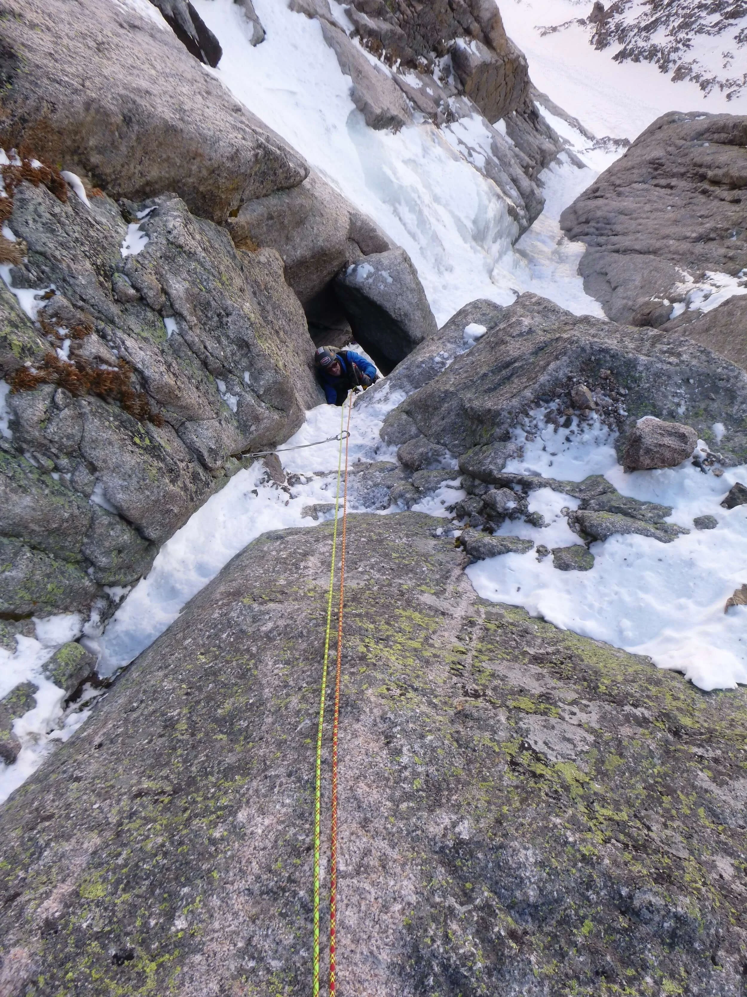 Ascending the chockstone pitch on Alexander's Chimney.