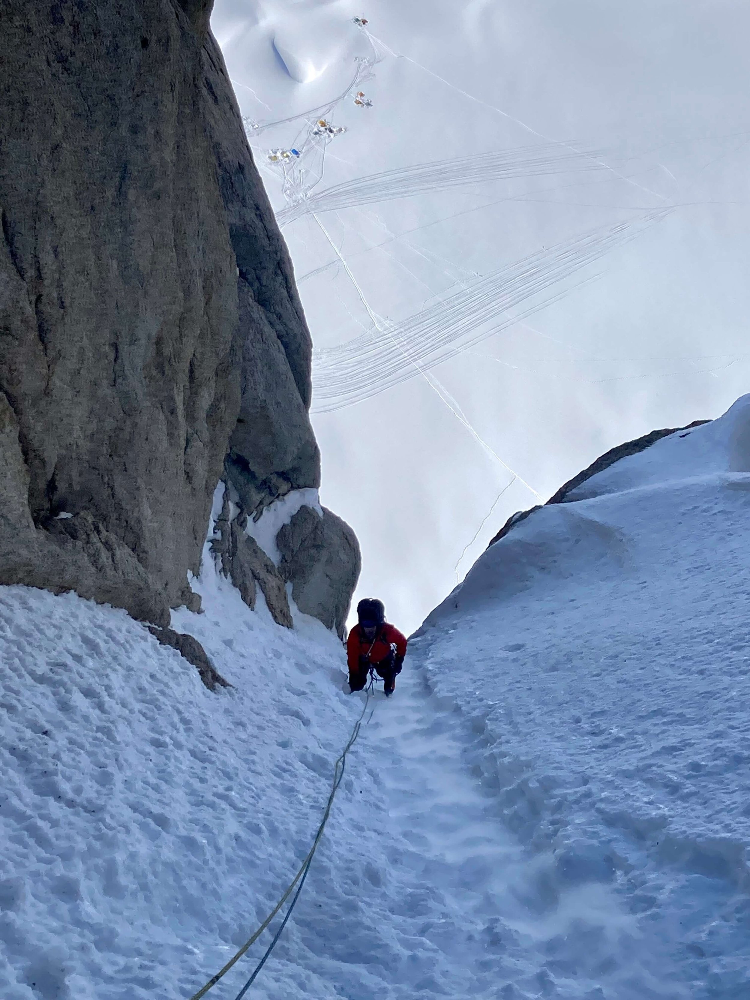Climbing up the steep snow on Ham and Eggs.