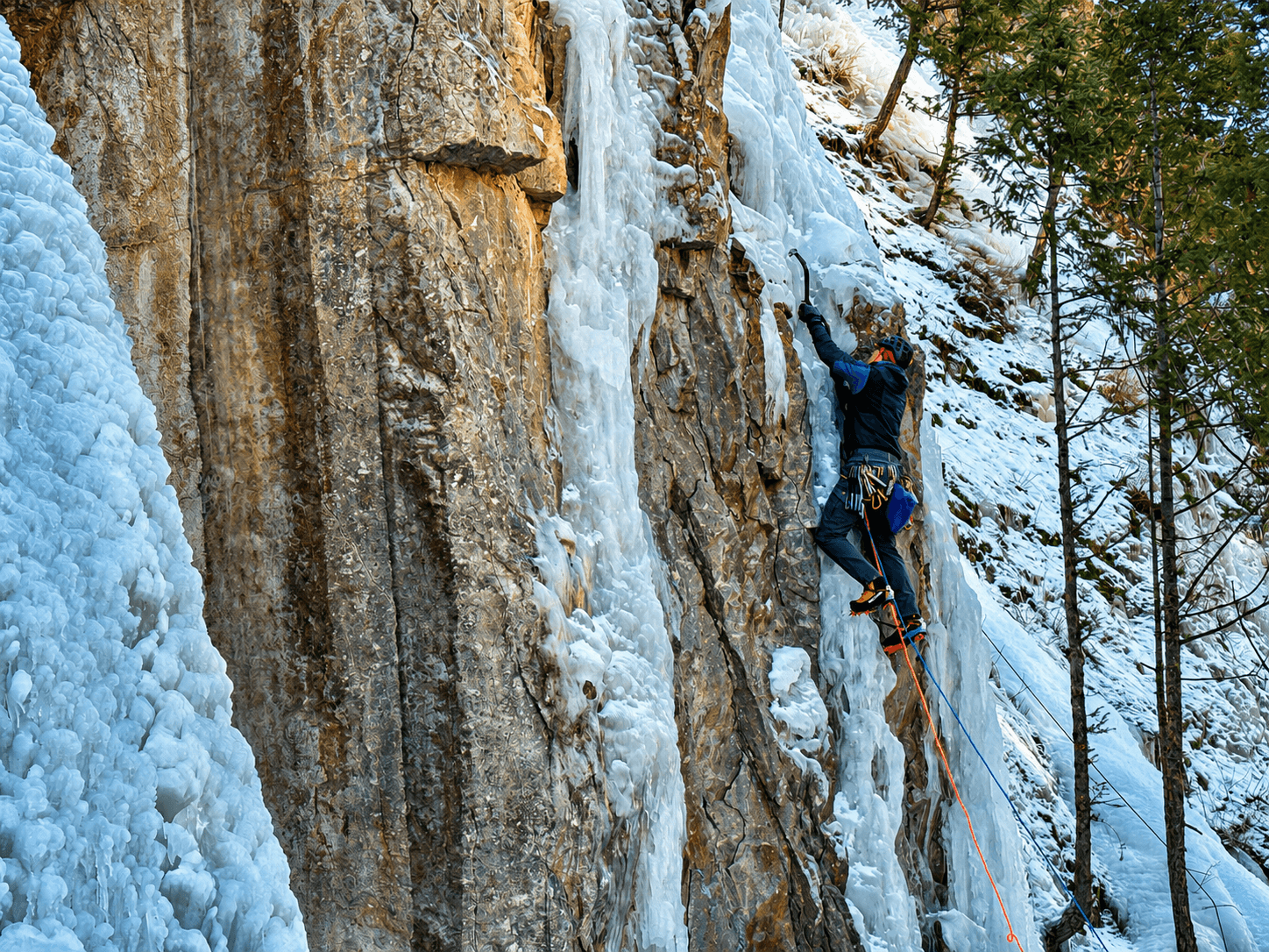 A guide is leading a narrow strip of ice at the Dynamite Shack area of the Lake City Ice Park.