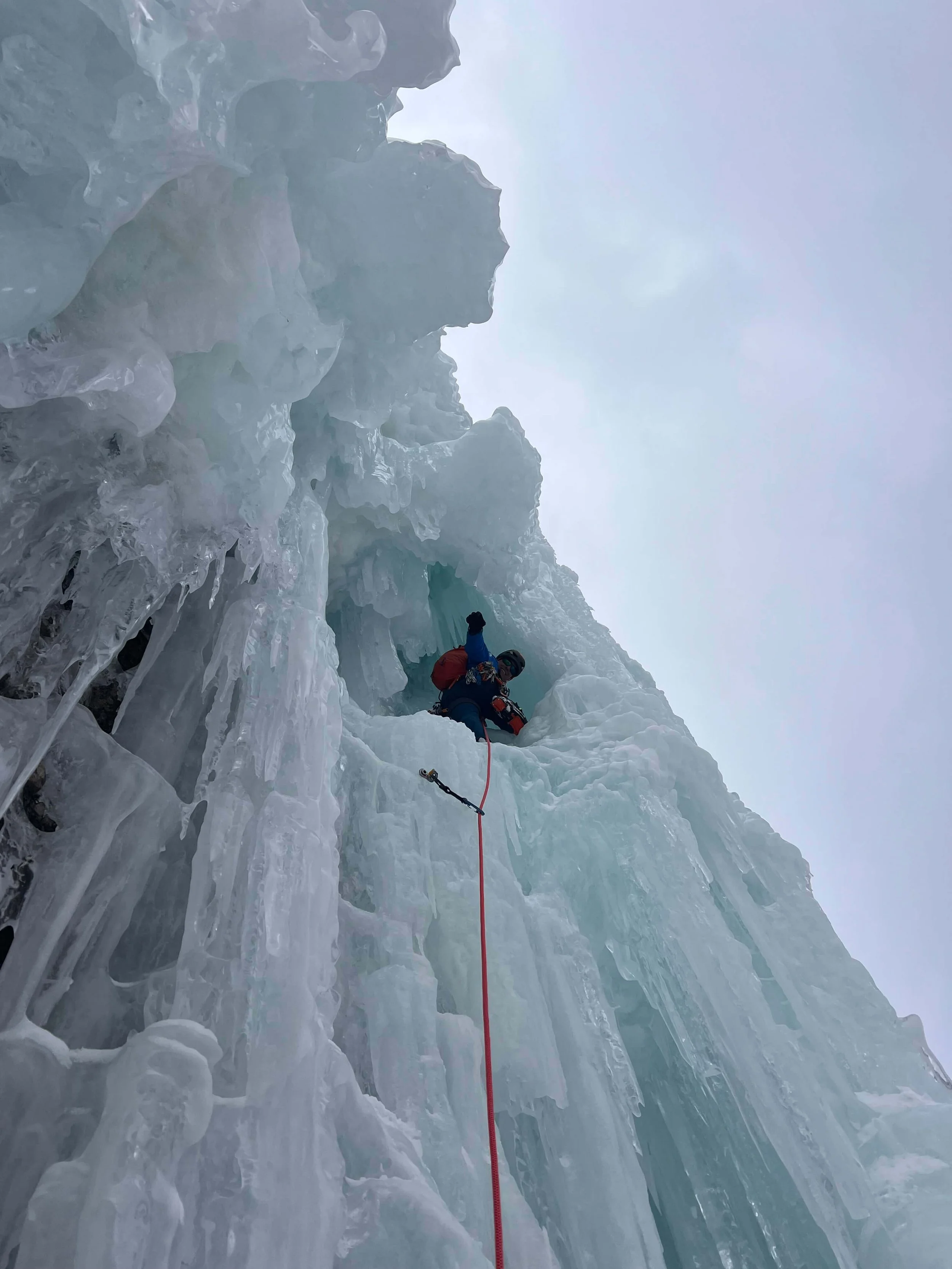 Skyward Mountaineering guide, Steven Van Sickle is leading Bridalveil Falls in Telluride.