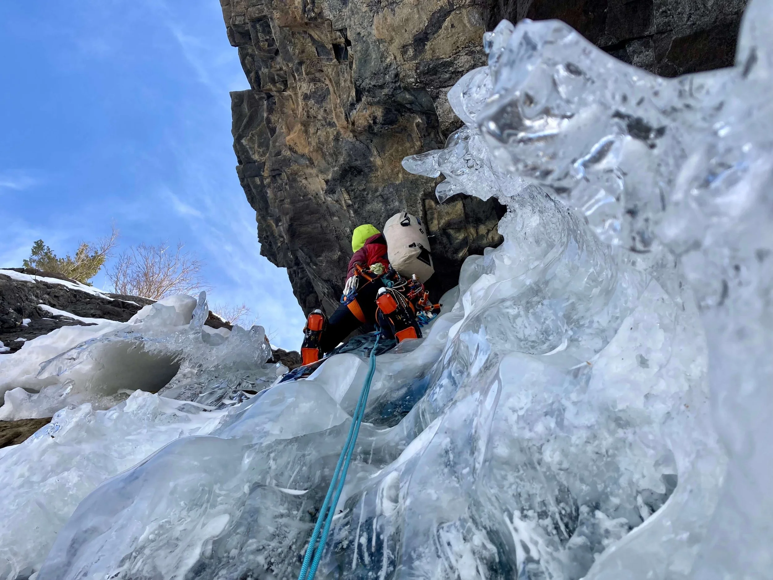 Wild ice features on the summit pitch of Bridal Veil Falls.