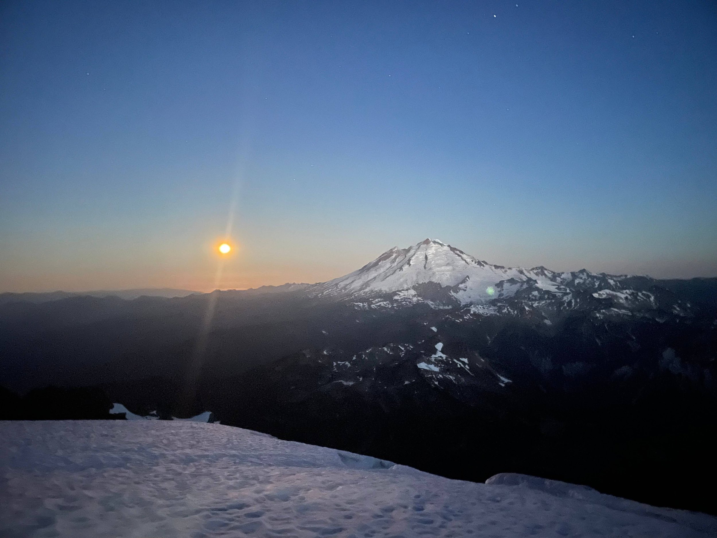 Mt. Baker with the moon rising as viewed from the Winnie's Slide bivy.