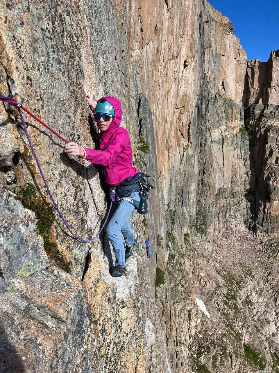 Climbing the exposed, steep East Face of Long's Peak.