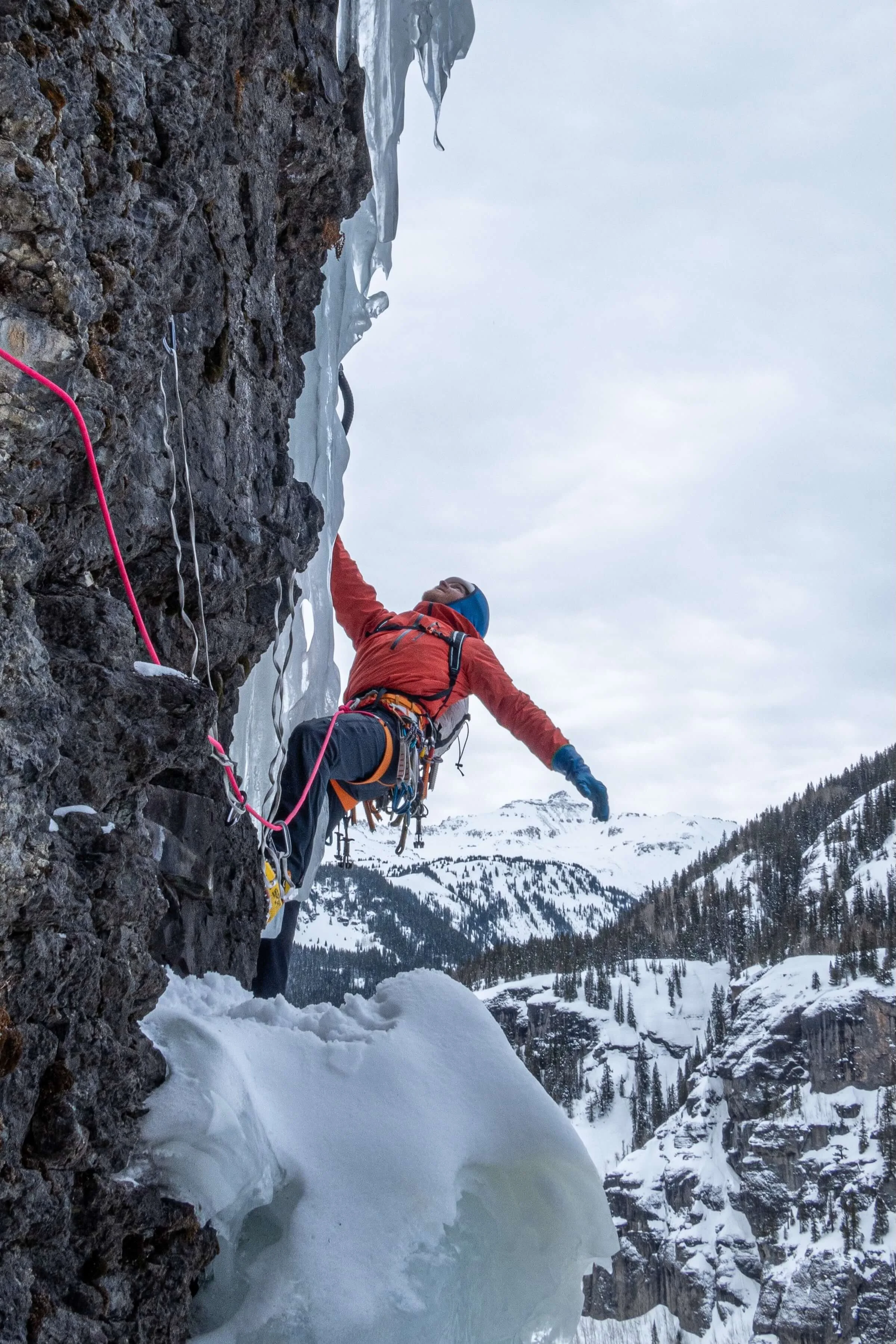 A guide leads the classic mixed route, The Talisman in Ouray.