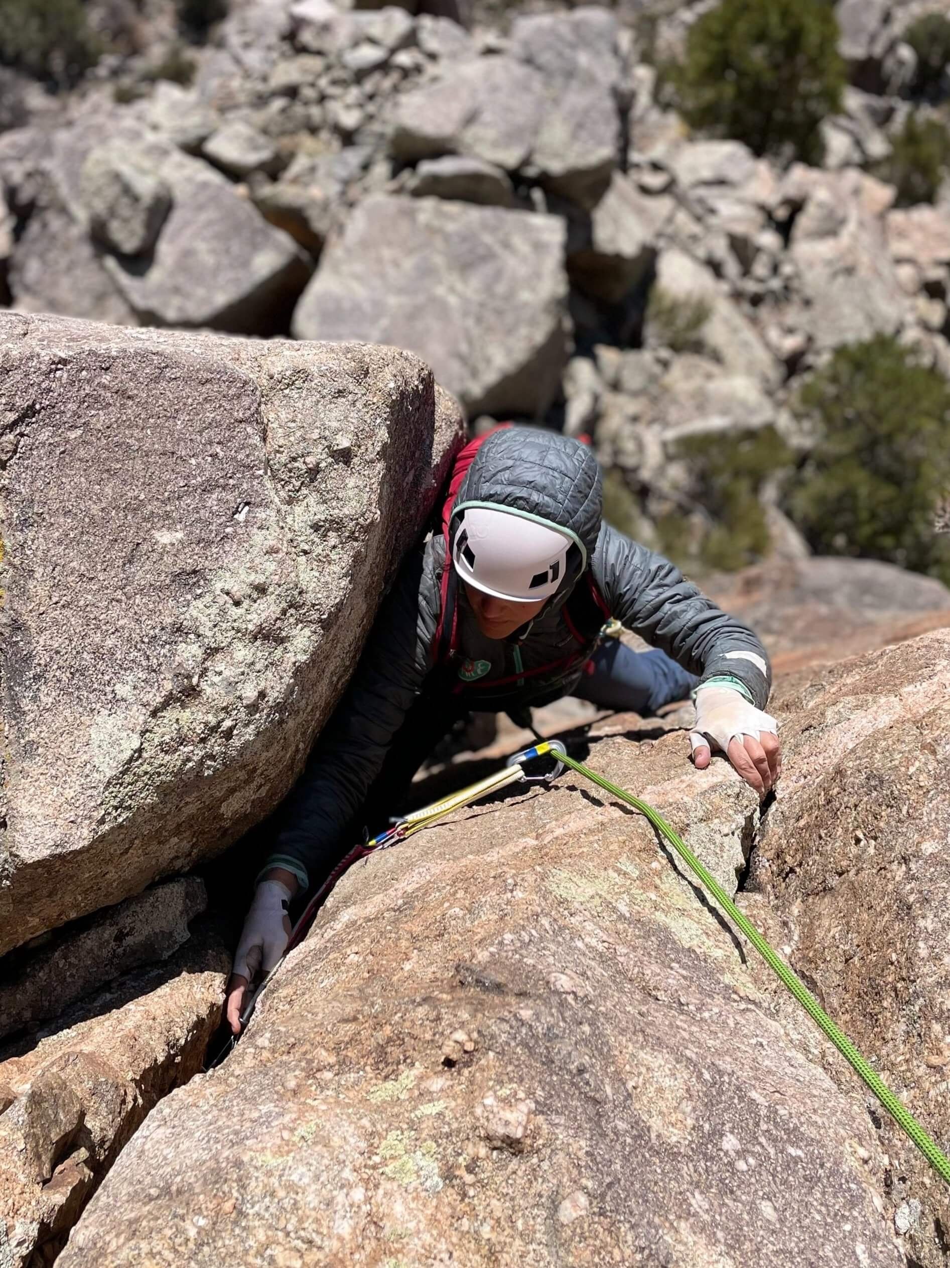 Climbing the 6-pitch Guide's Route (5.8+) in Unaweep Canyon.