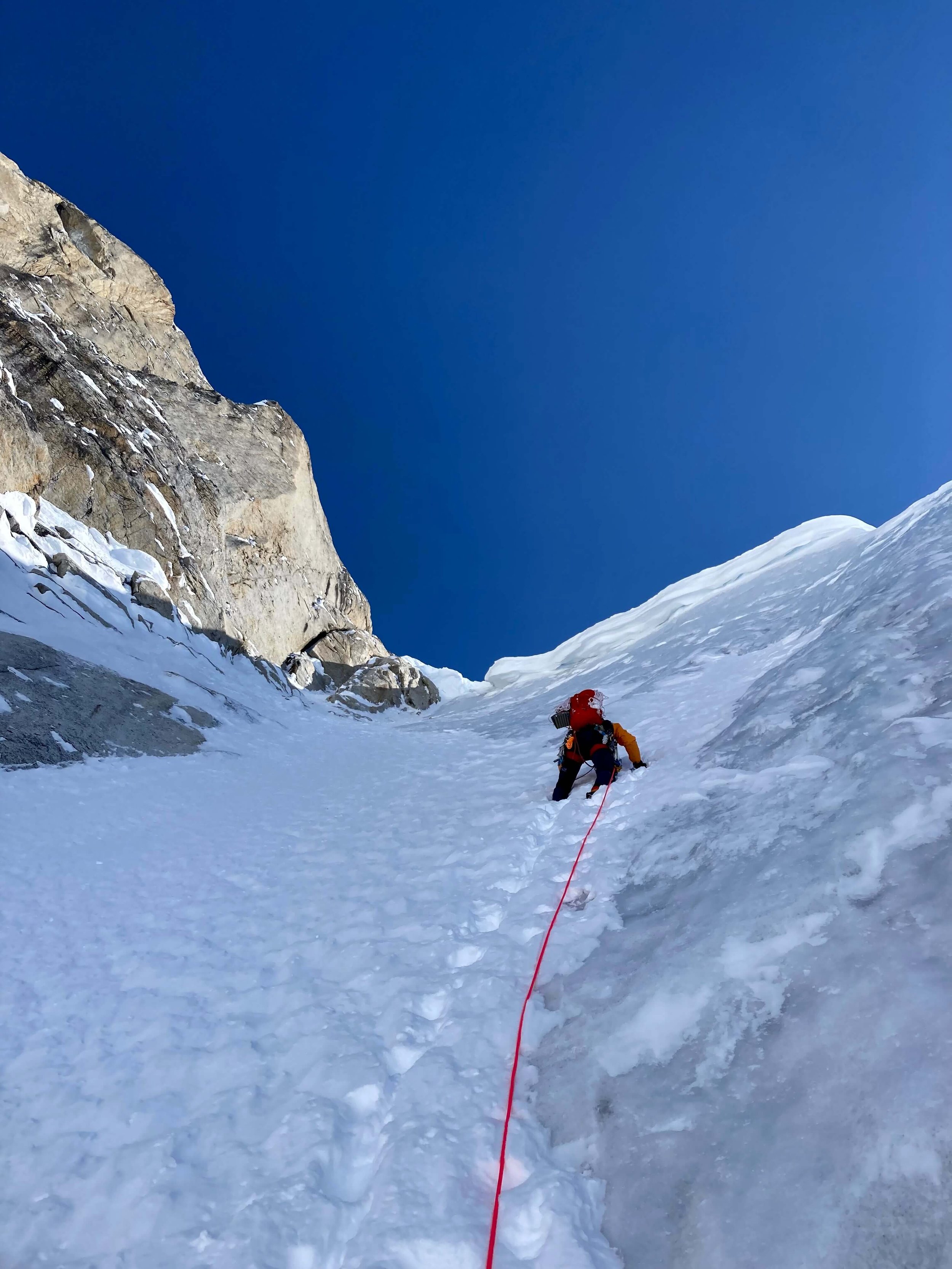 Ice climbing in the Access Couloir on Mt. Huntington.
