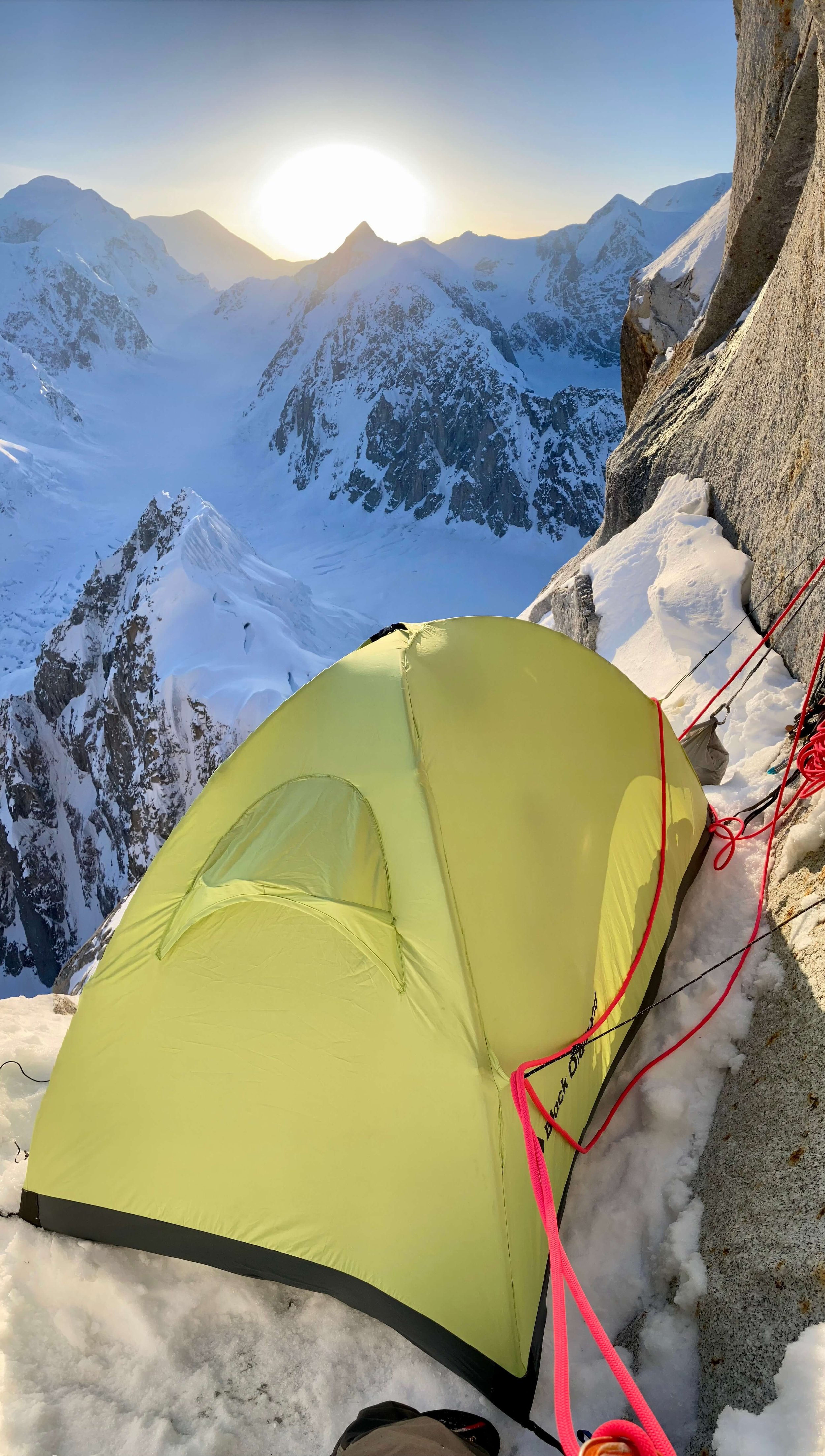 A tent perched on a small ledge below the Nose.
