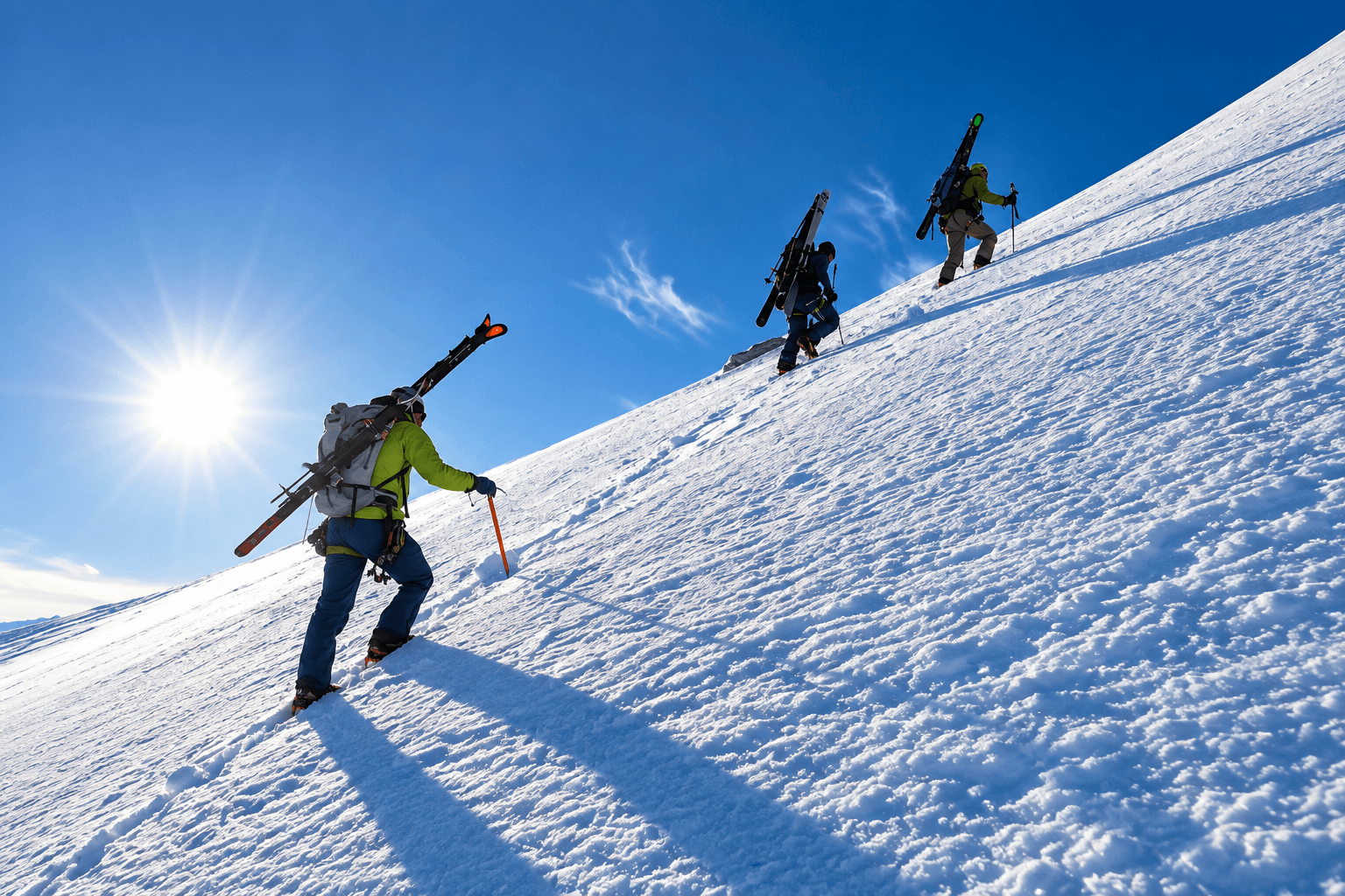 A group of skiers boot up a steep slope with skis on their packs during a ski mountaineering course in Colorado.