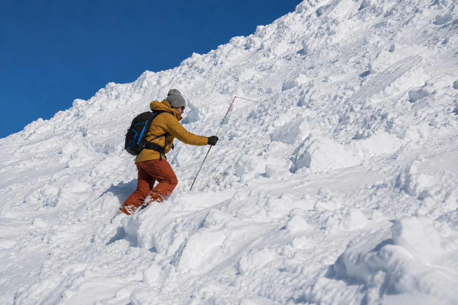 A skier in red pants and a yellow jacket is probing avalanche debris during rescue practice.