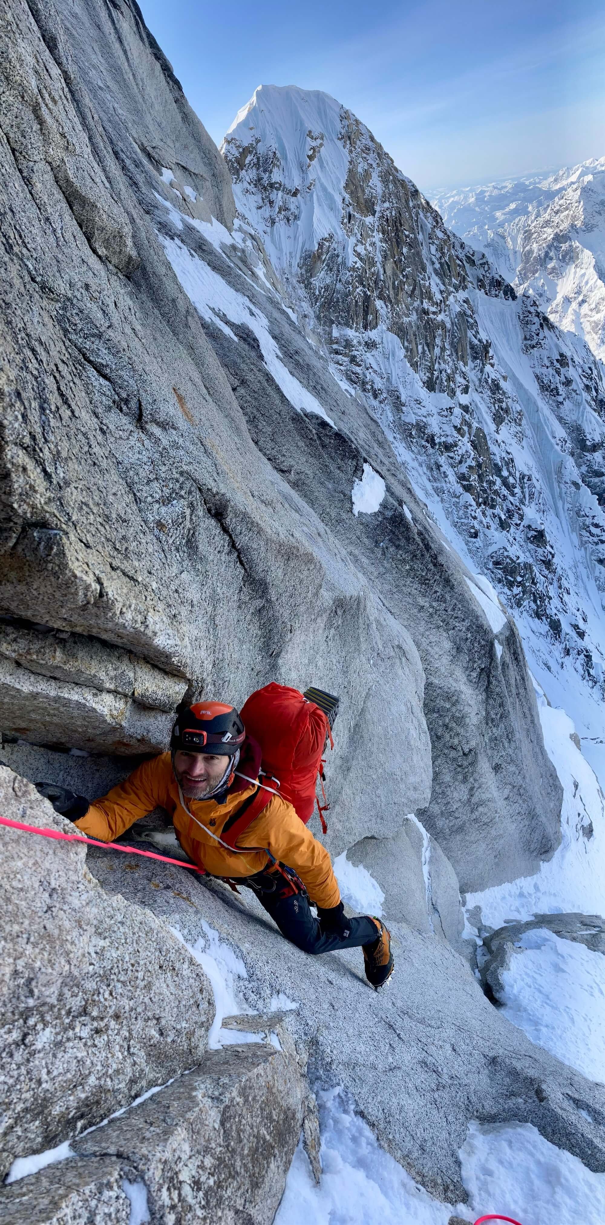 Climbing the steep mixed pitch on the Spiral.