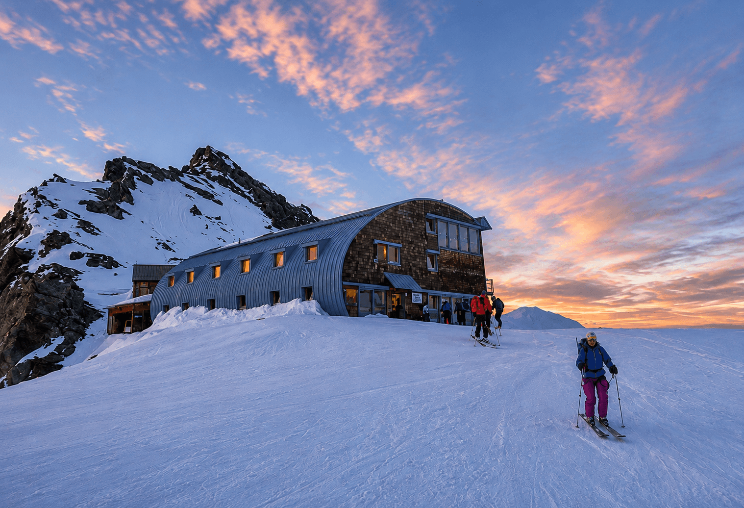 A skier leaves a hut during a traverse of the Hoch-Tirol in the Austrian Alps as the sun rises in the background.