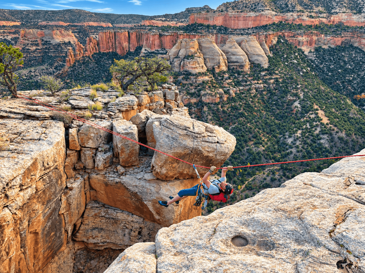 A climber hangs upside down on a tyrolean traverse across two towers in Colorado National Monument.