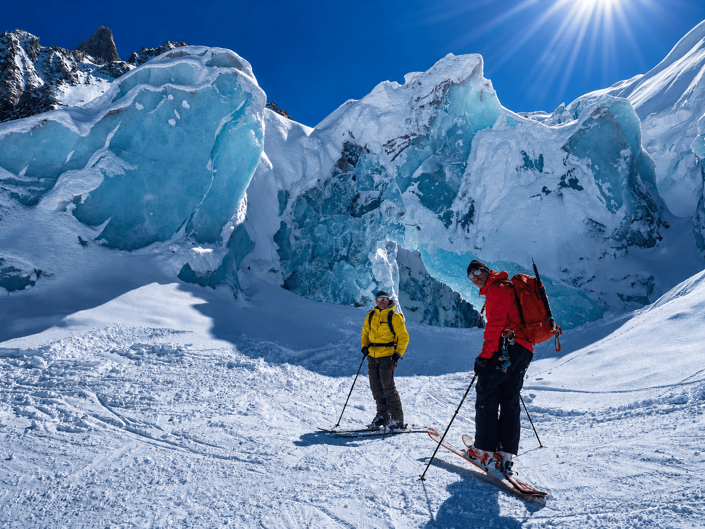 Two skiers stand in front of ice features on the Mer De Glace glacier above Chamonix.