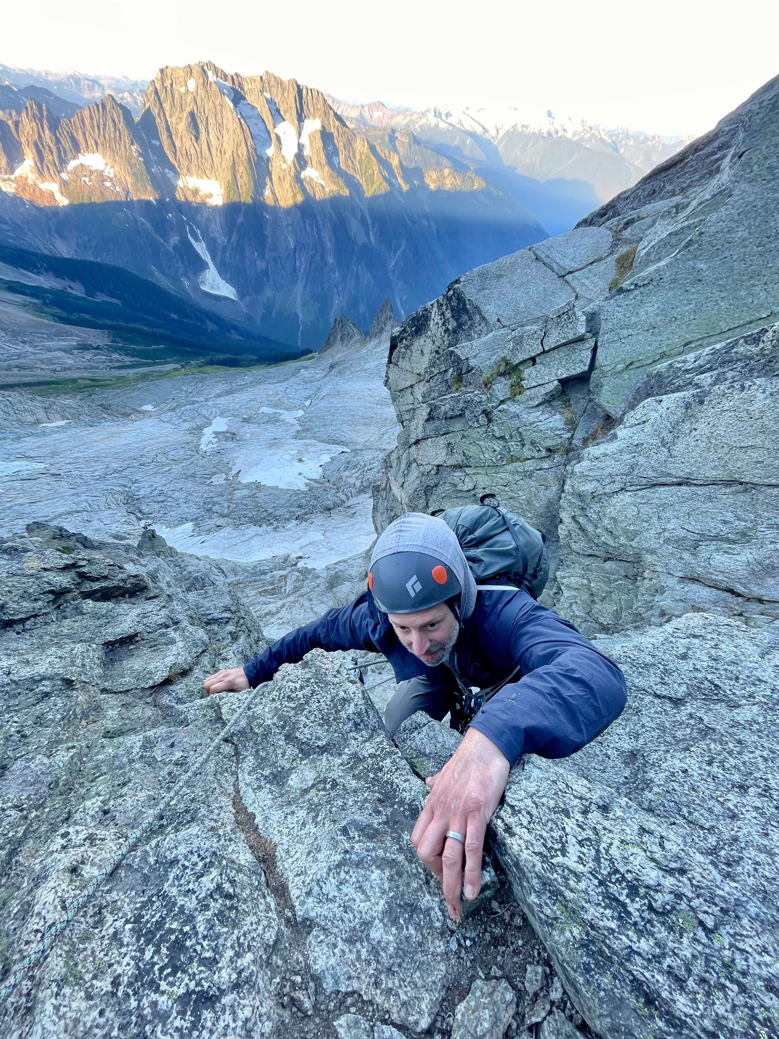 Climbing the first crux of Cat Scratch Gully.