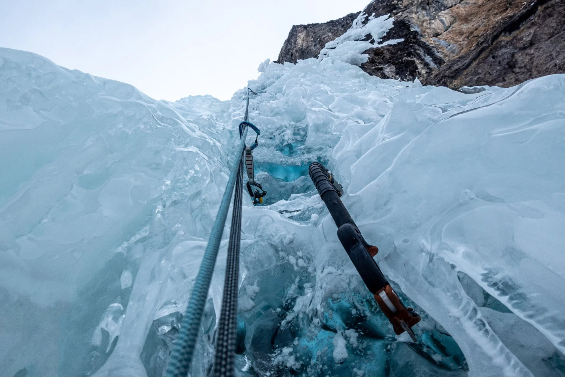 Steep ice climbing on Bridal Veil Falls in Telluride, Colorado.