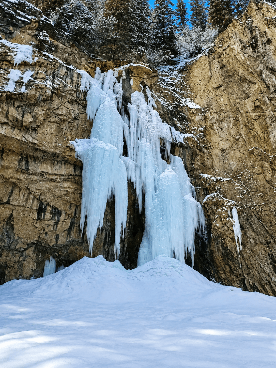 View of a classic ice climb during the winter in Rifle Mountain Park.