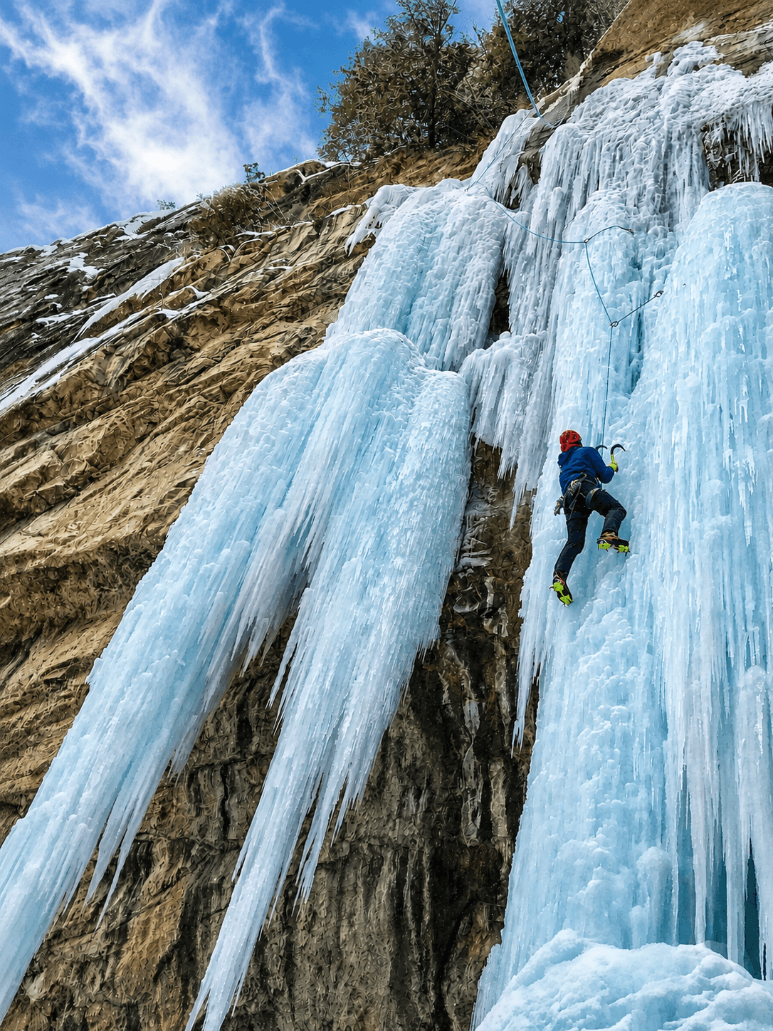 An ice climber in a blue jacket is climbing a steep pillar in Rifle Mountain Park, Colorado.