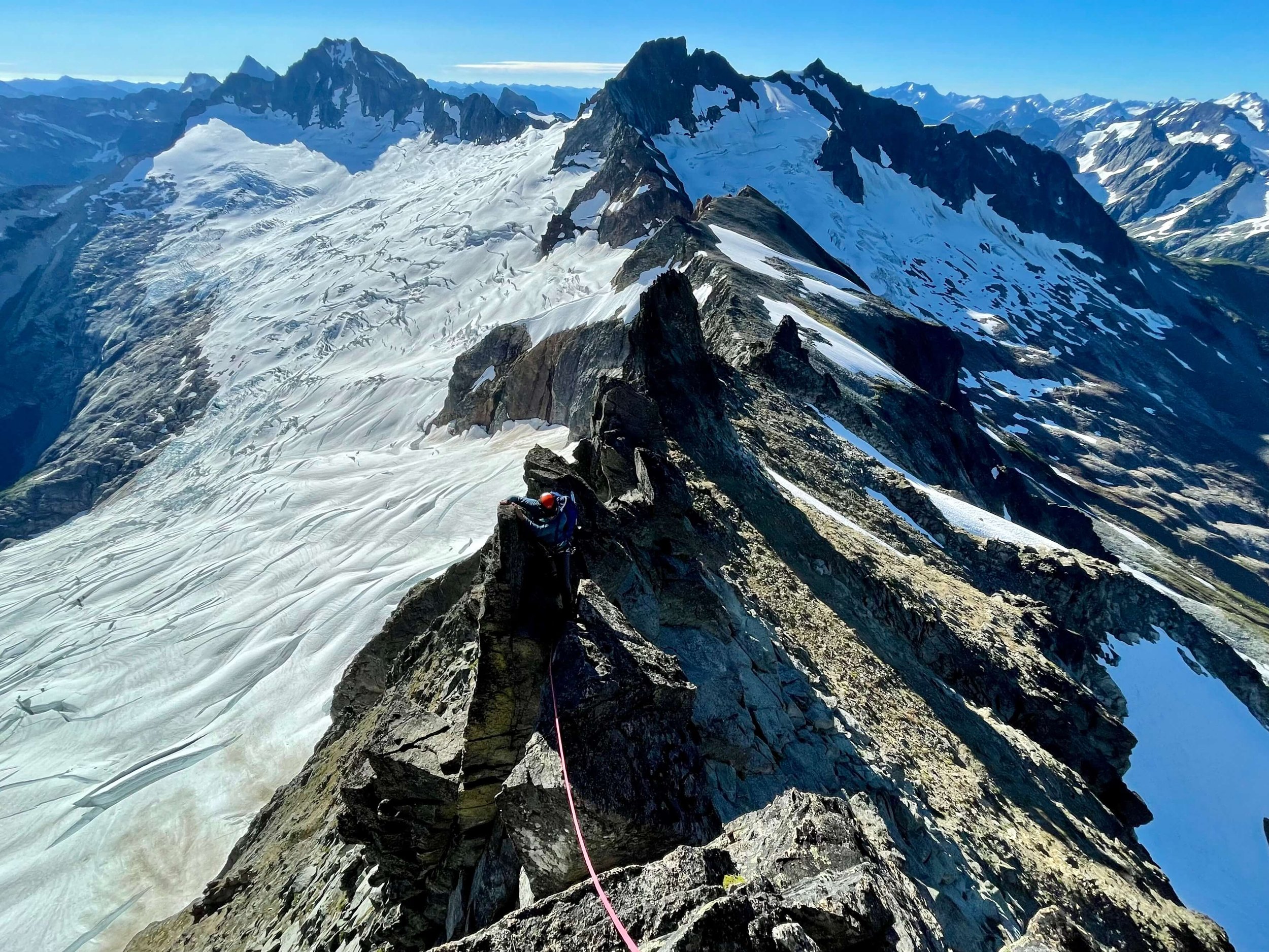 Climbing the East Ridge of Forbidden Peak above the Boston Glacier.
