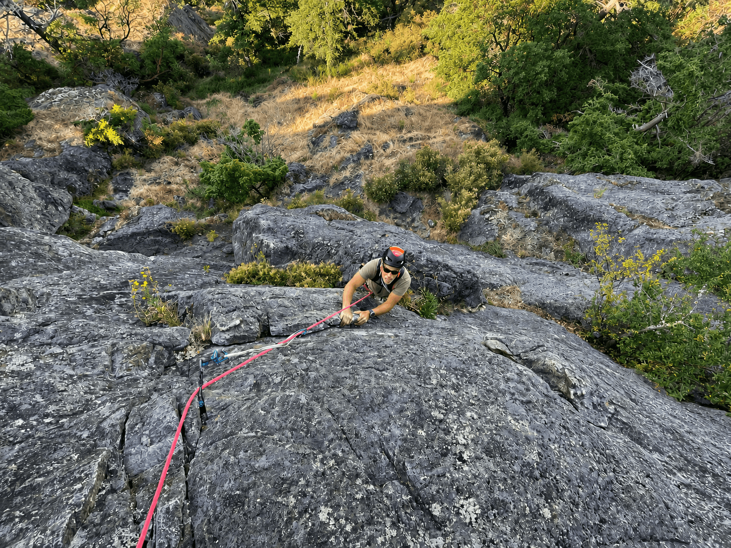 A climber following a multipitch route at Mount Erie, Washington.