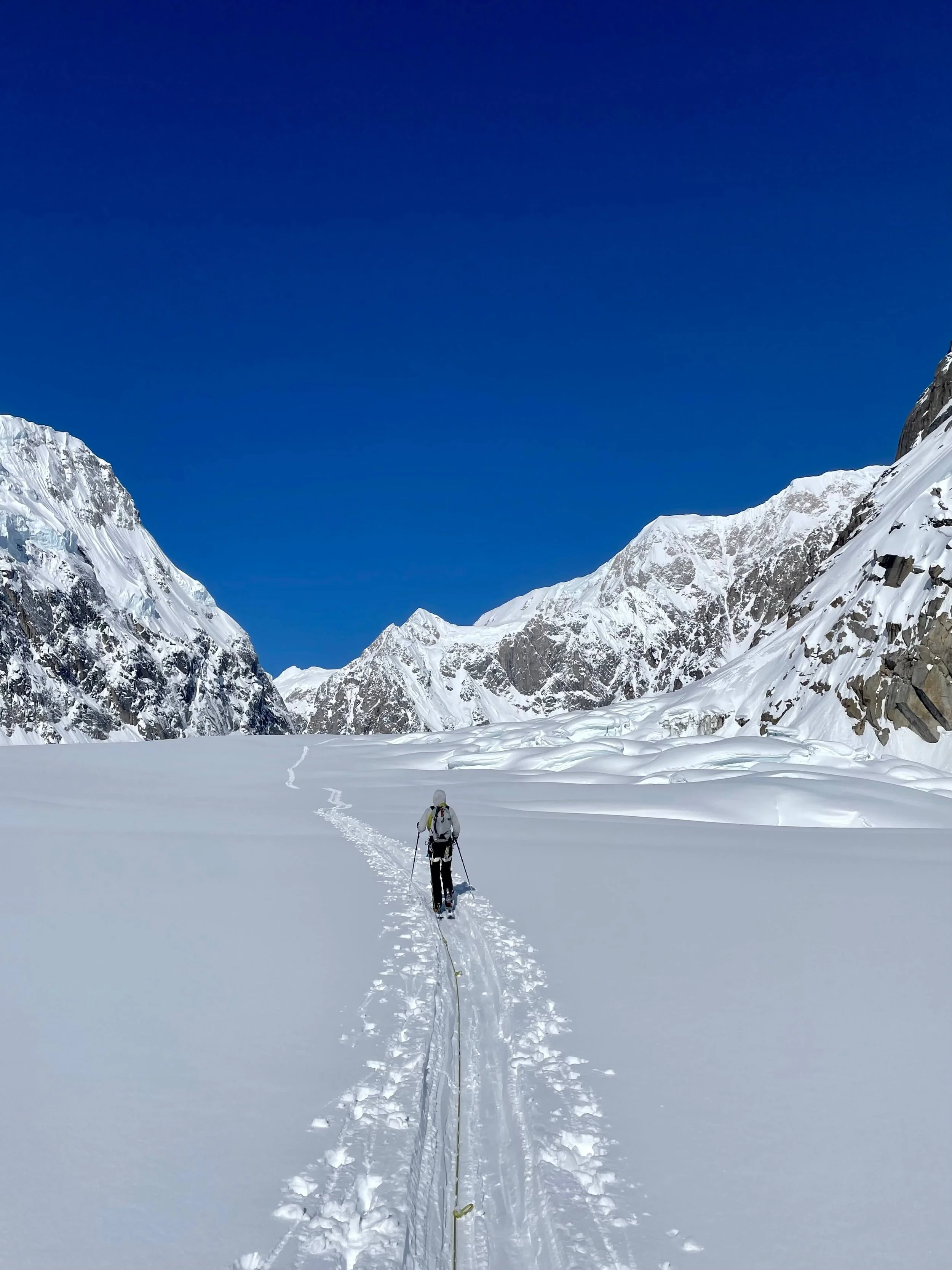 Skiing on the West Fork of the Ruth Glacier.