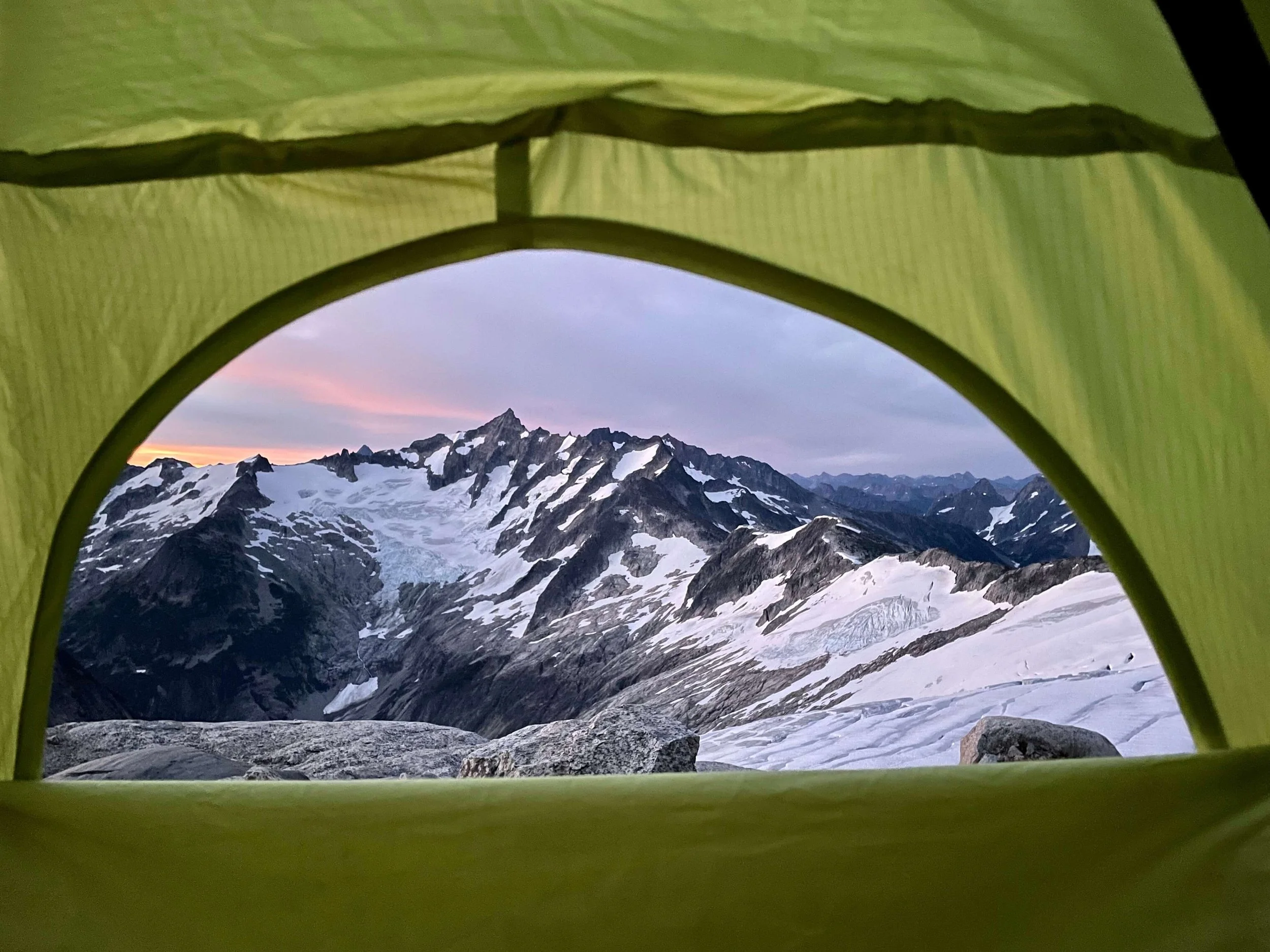 Sunset alpenglow from camp below Eldorado Peak.