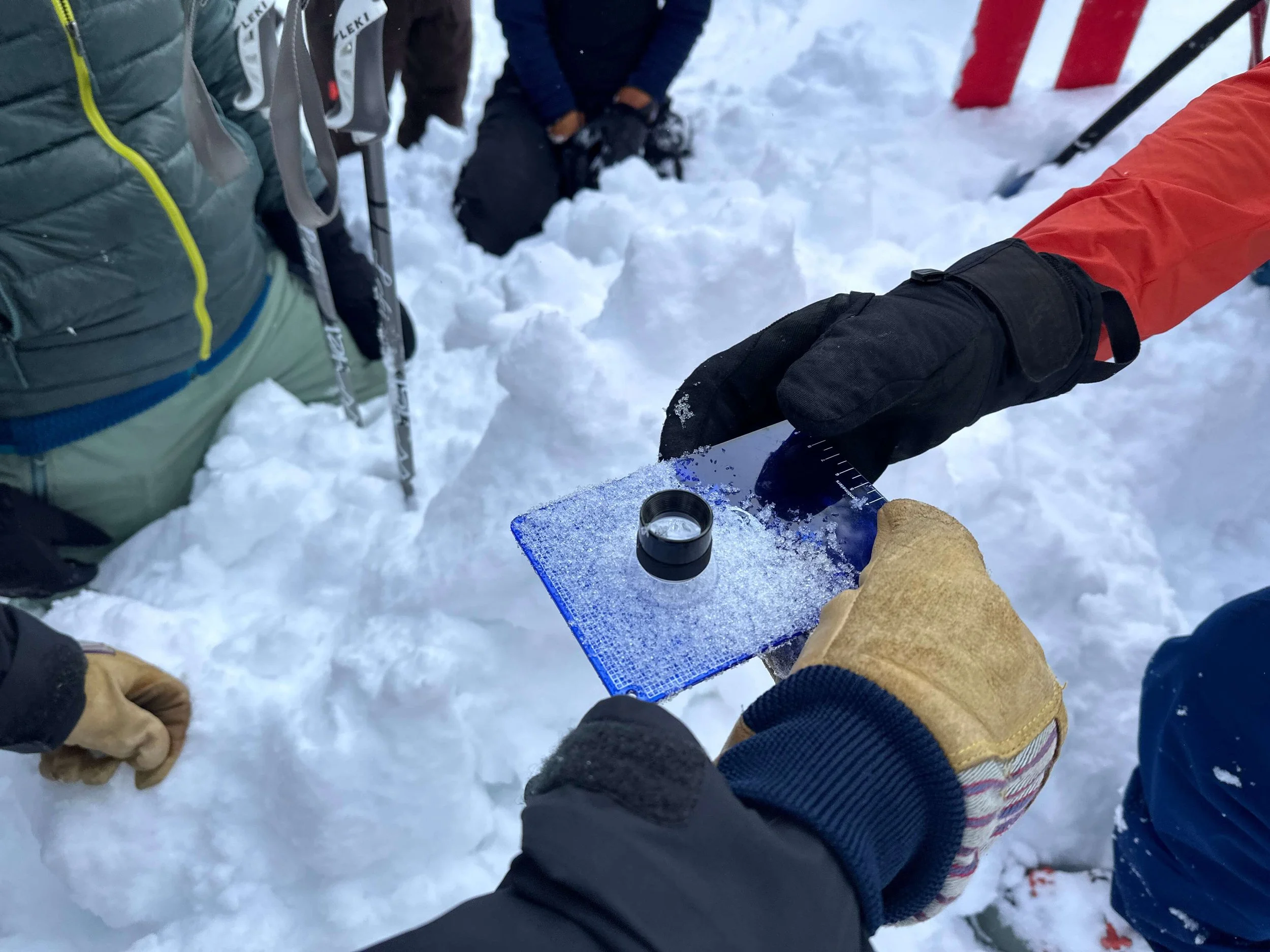 A group of students wearing winter clothing and gloved hands pass a crystal card and magnifying glass to look at the structure of the snowpack.