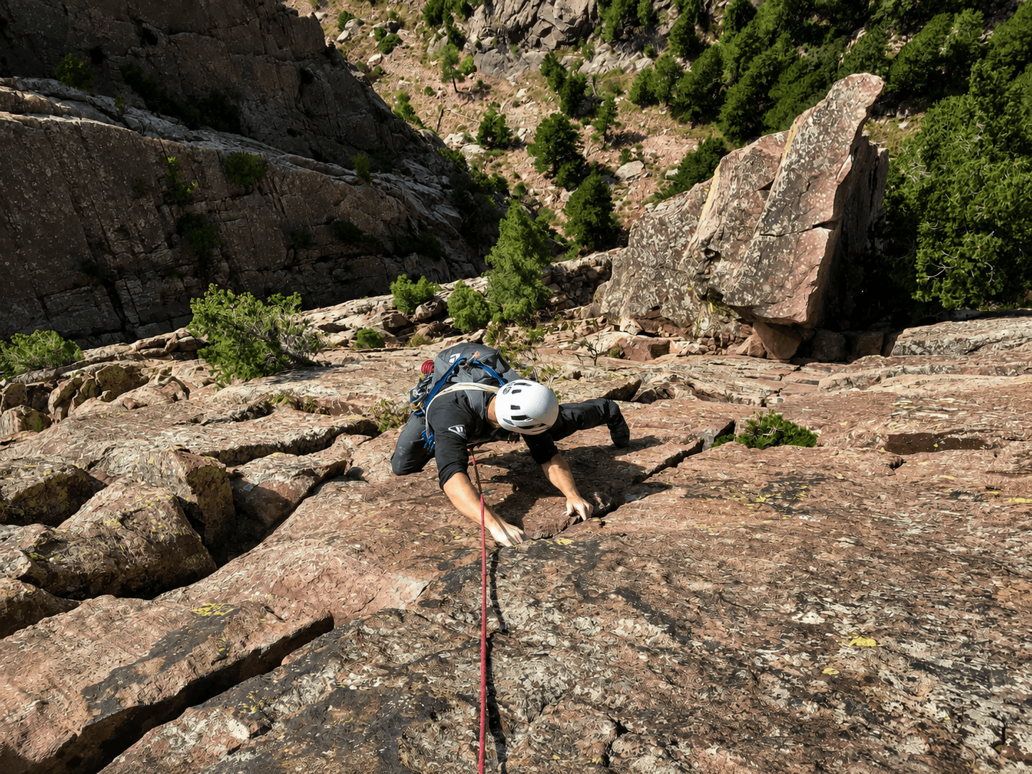 A climber on a multipitch route in Eldorado Canyon.