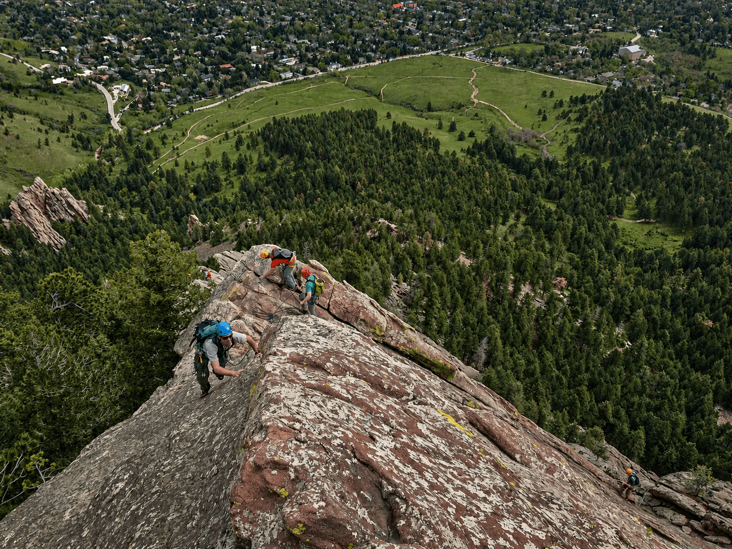 A guide leads the North Arete on the First Flatiron above Boulder, Colorado