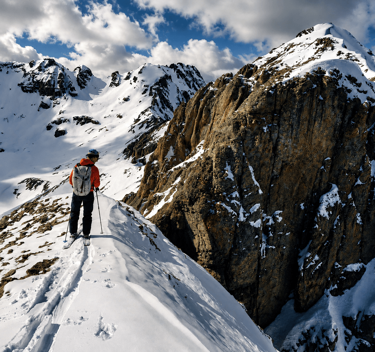 A skier looks over the edge with big cliffs and glaciers in the background.