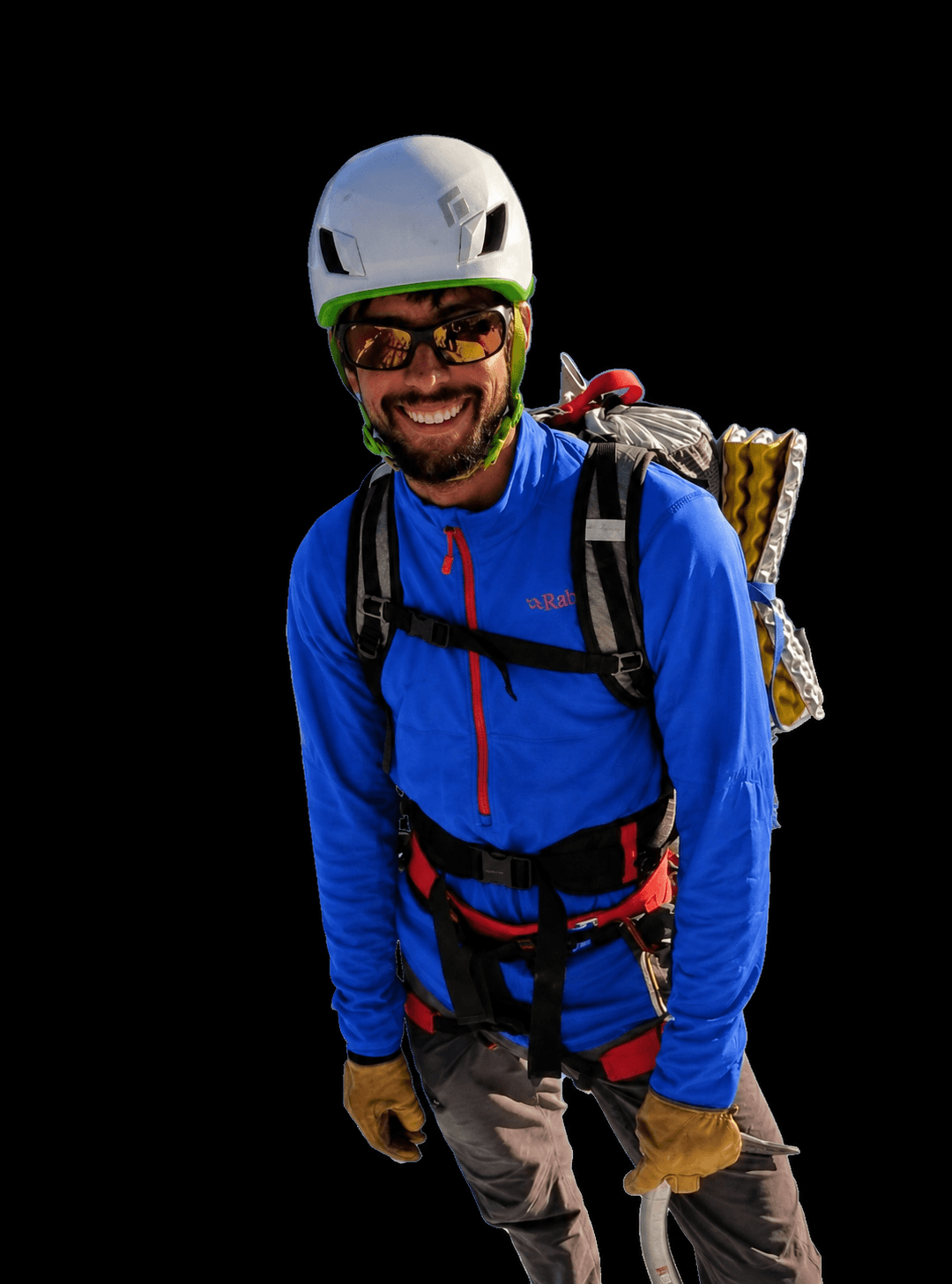 Skyward Mountaineering Guide, Stephen Williams, he is wearing a blue jacket and white helmet with a gray backpack.