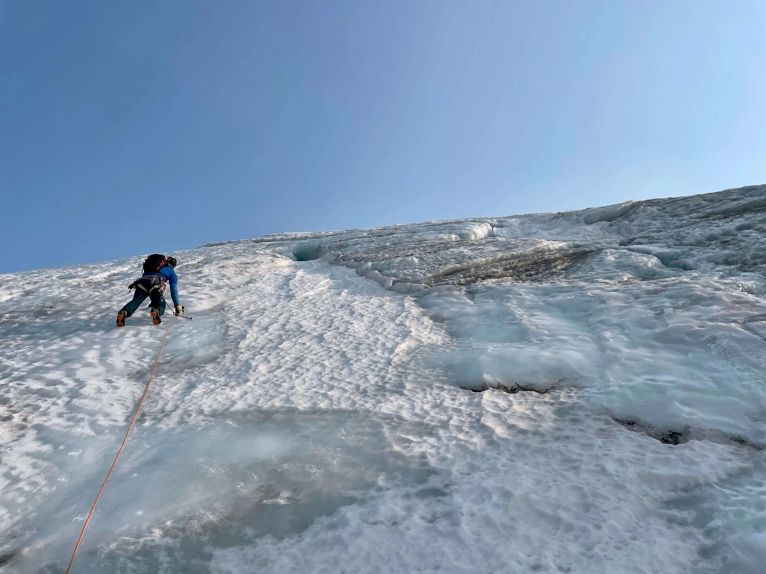 Climbing the icy headwall below Eldorado Peak.