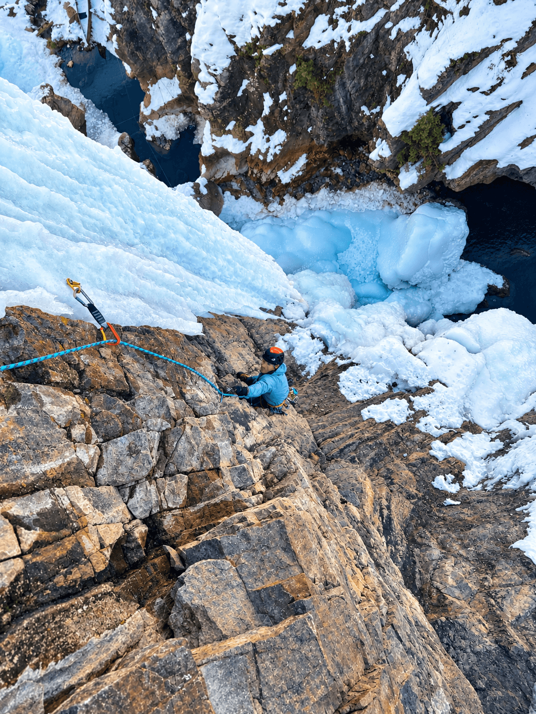 A climber topropes a mixed climbing route in the Ouray Ice Park.