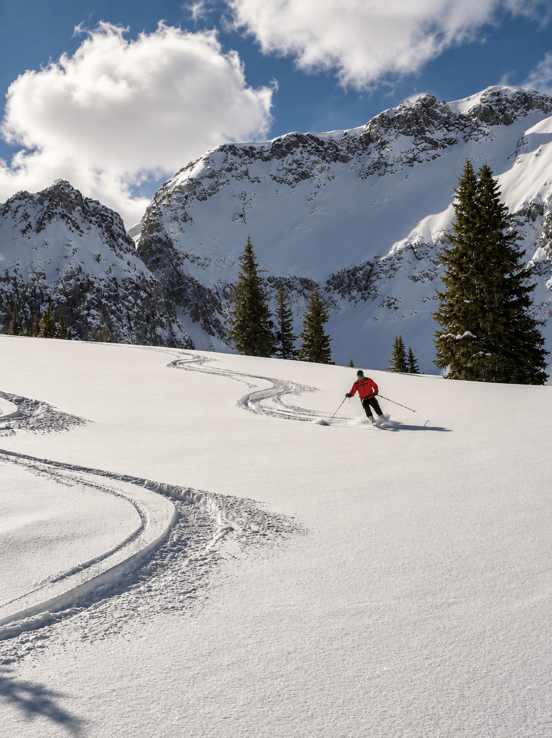 A skier enjoys low angle powder turns at the Hayden Backcountry Lodge.