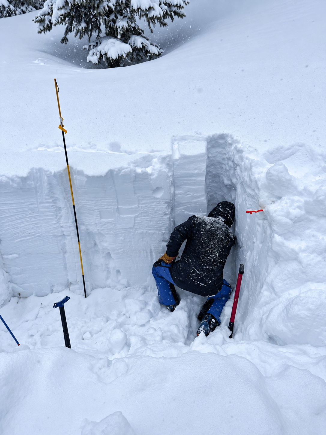 A student digs out a snow pit during an avalanche course, isolating a column to conduct a snow stability test.