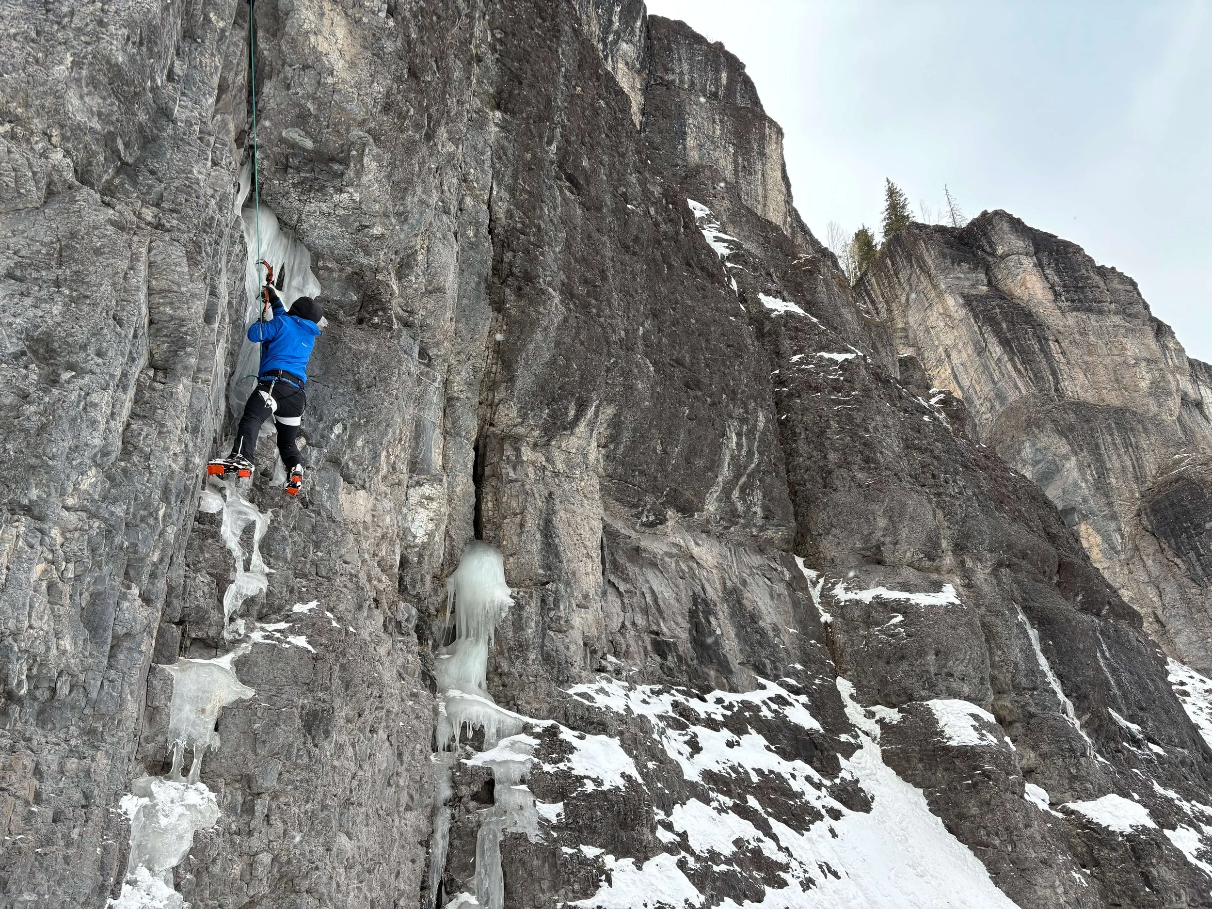 A climber in a blue jacket topropes a mixed climbing route on Camp Bird Road in Ouray.