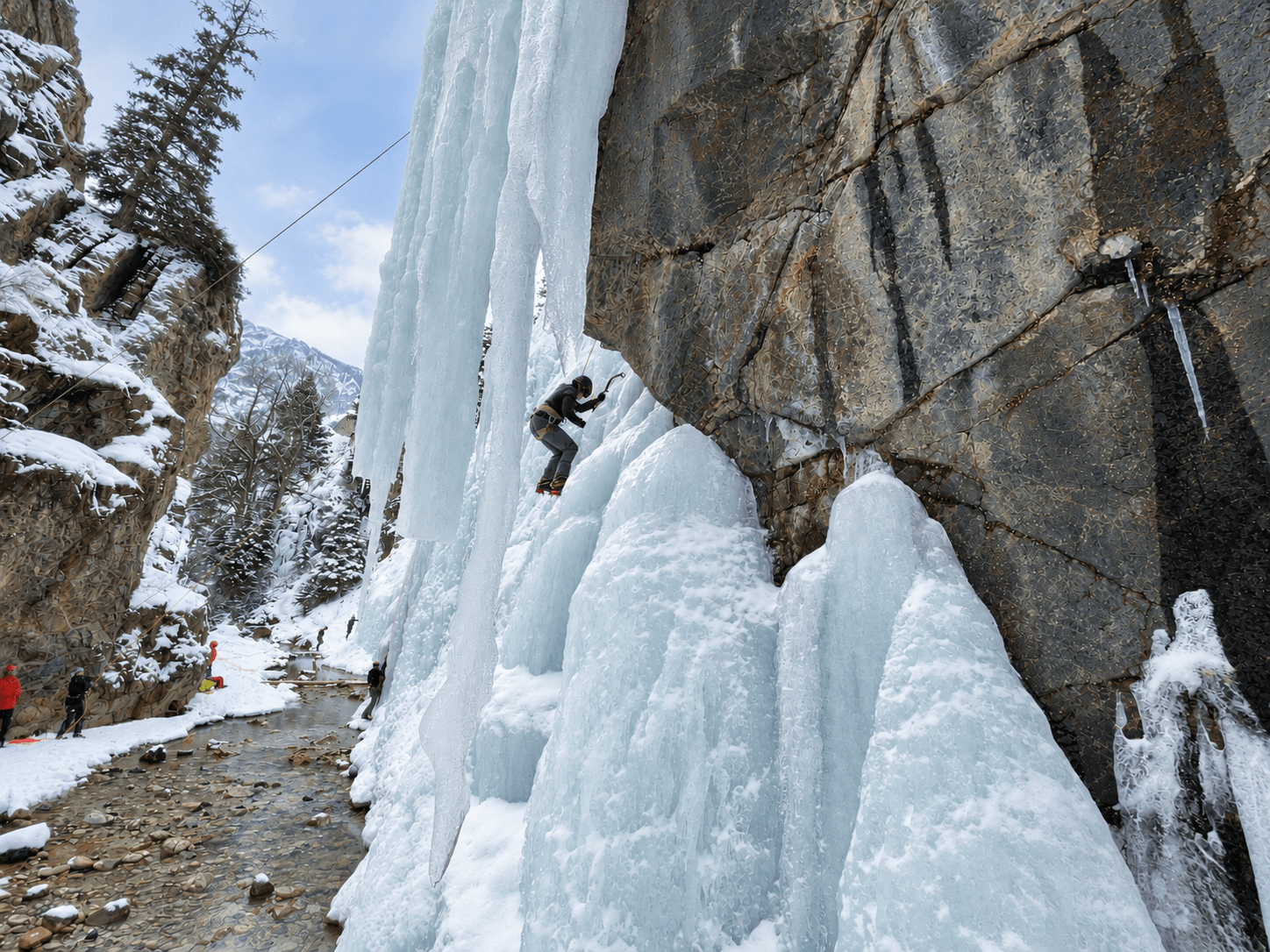 A climber is toproping an ice climbing route in the Schoolroom Area at the Ouray Ice Park.