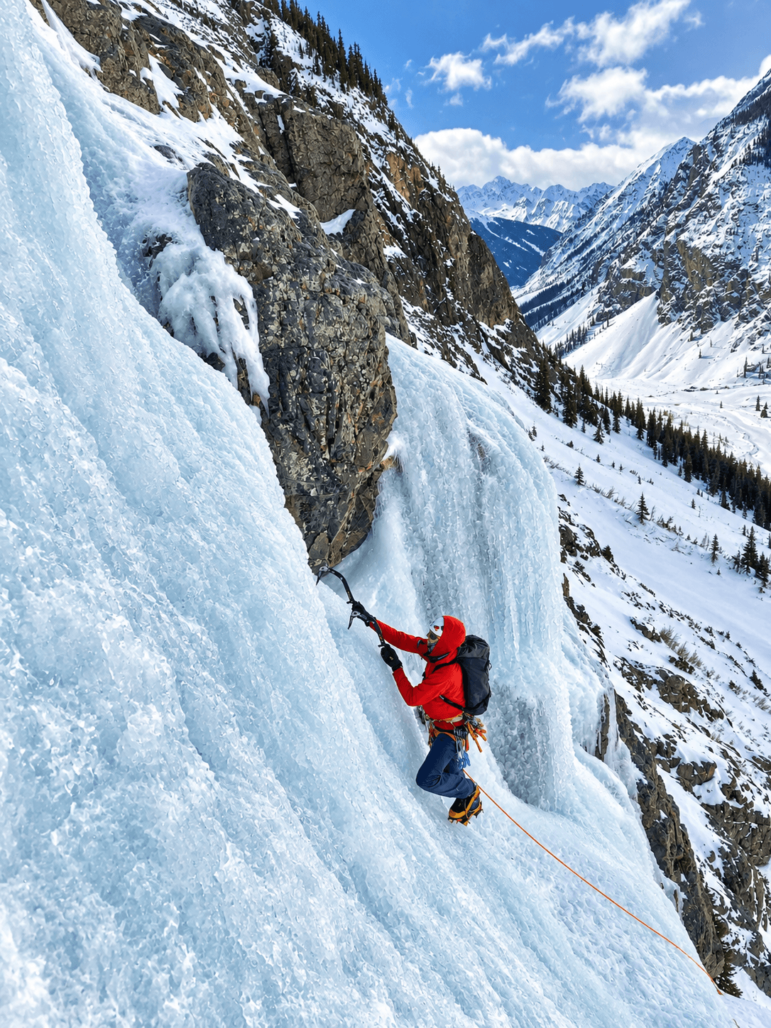 A guide wearing a red jacket is leading a multipitch route in Eureka, Colorado during an alpine climbing course.