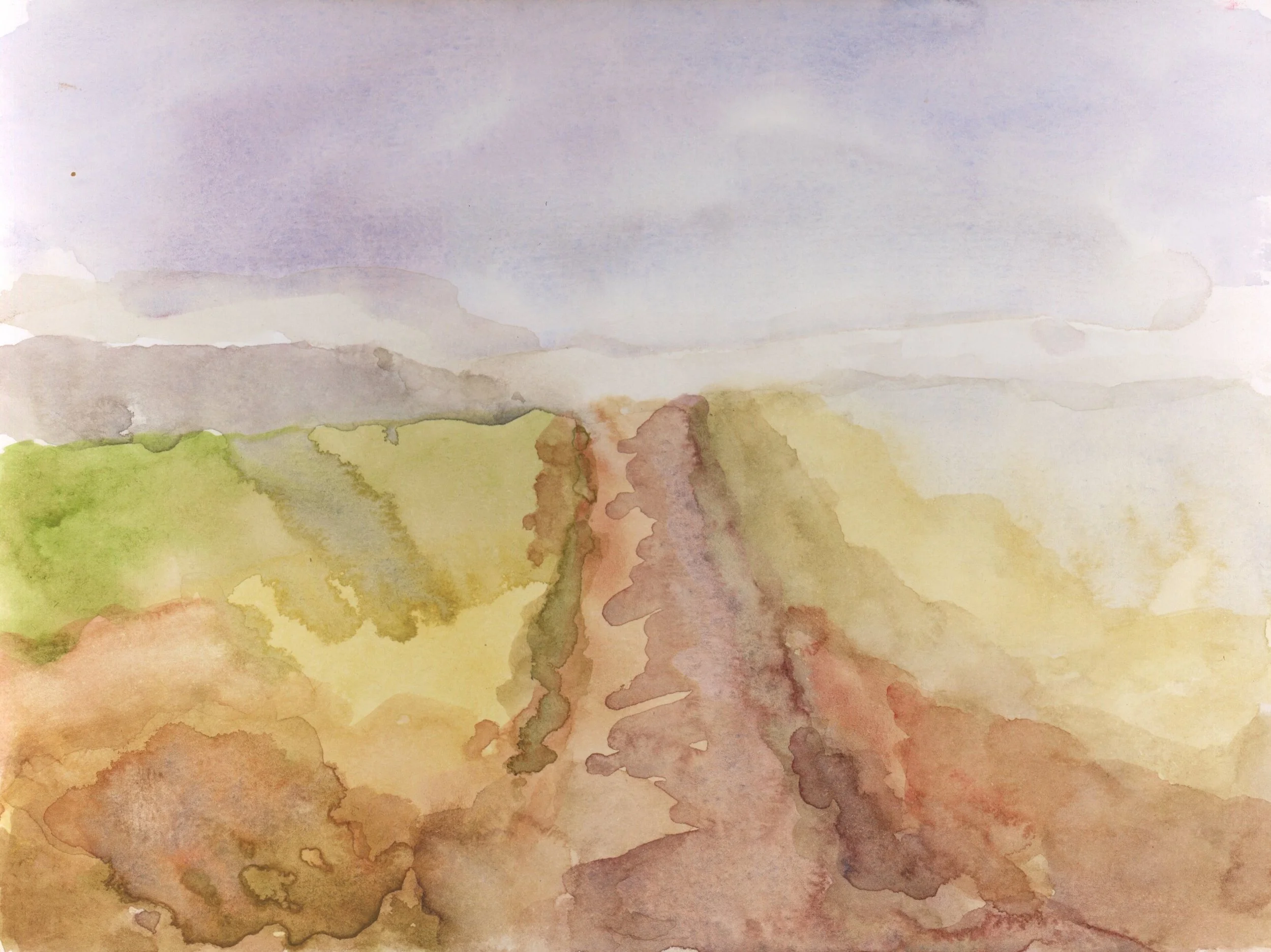 The Long Walk, watercolor on paper, 8" x 6" (2025). Made in residency at the Museo Narciso Maisterra in Fuentes de Valdepero, Spain. (https://www.museonarcisomaisterra.org/?lang=en)