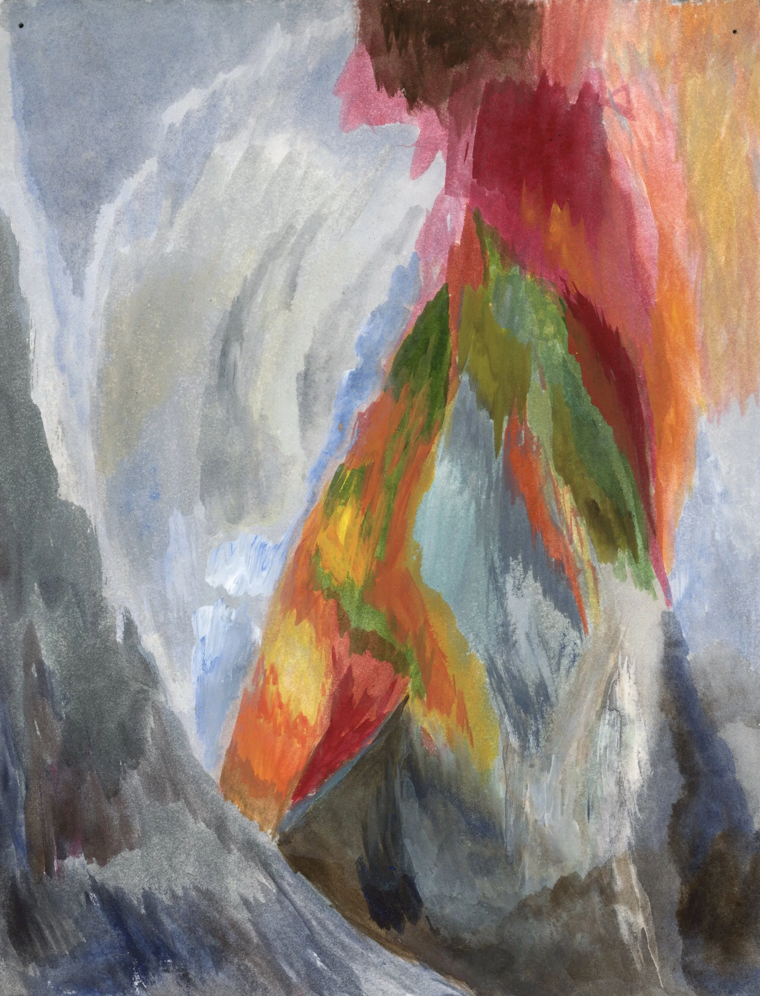 Light pours down from the mountain, gouache on paper, 10" x 8" (2025)