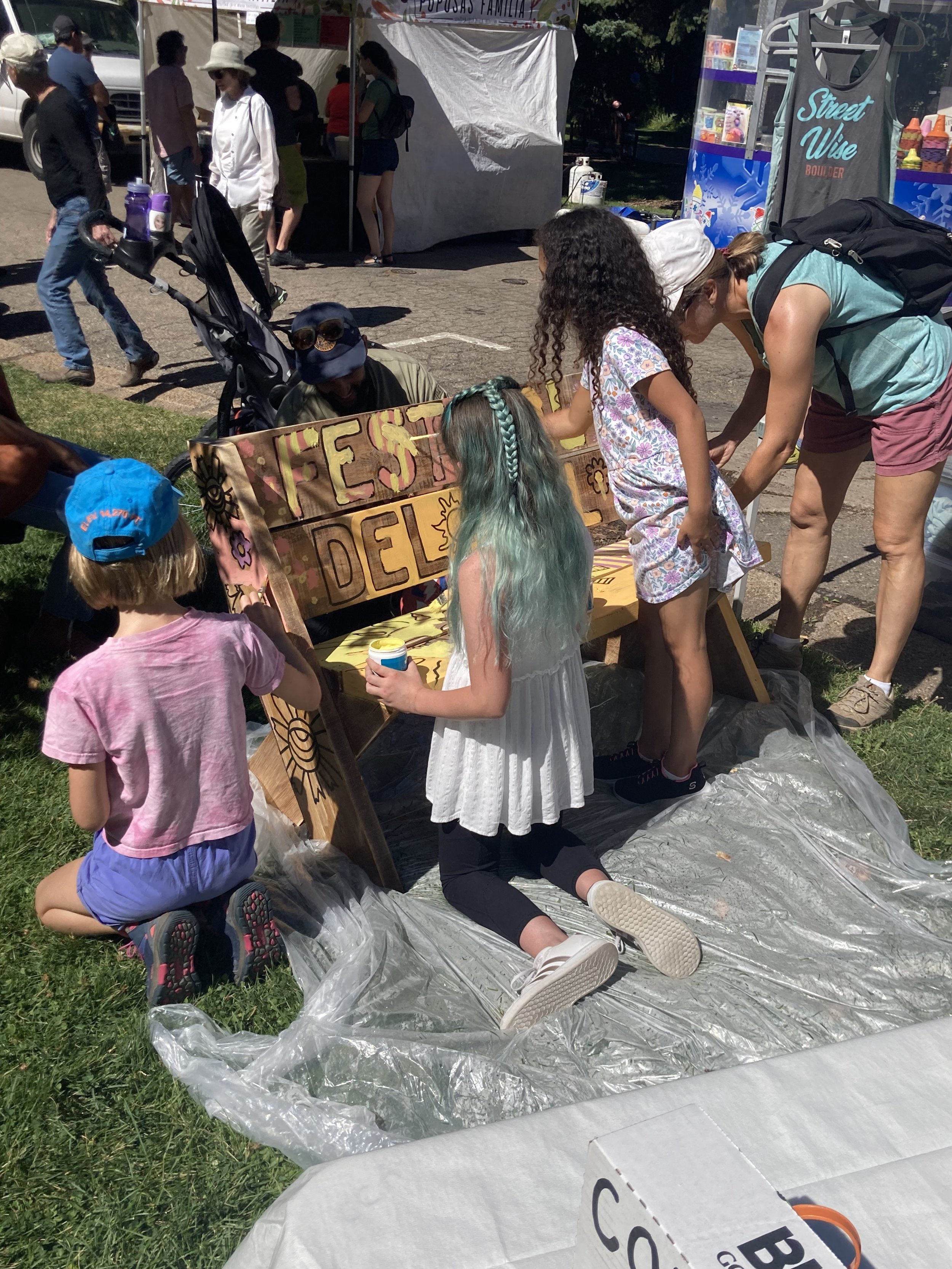 Community painted bench for Festival Del Sol, Sept. 2022. Supported by the Colorado Chautauqua Association.