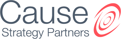 Logo for Cause Strategy Partners with stylized red swirl on the right.