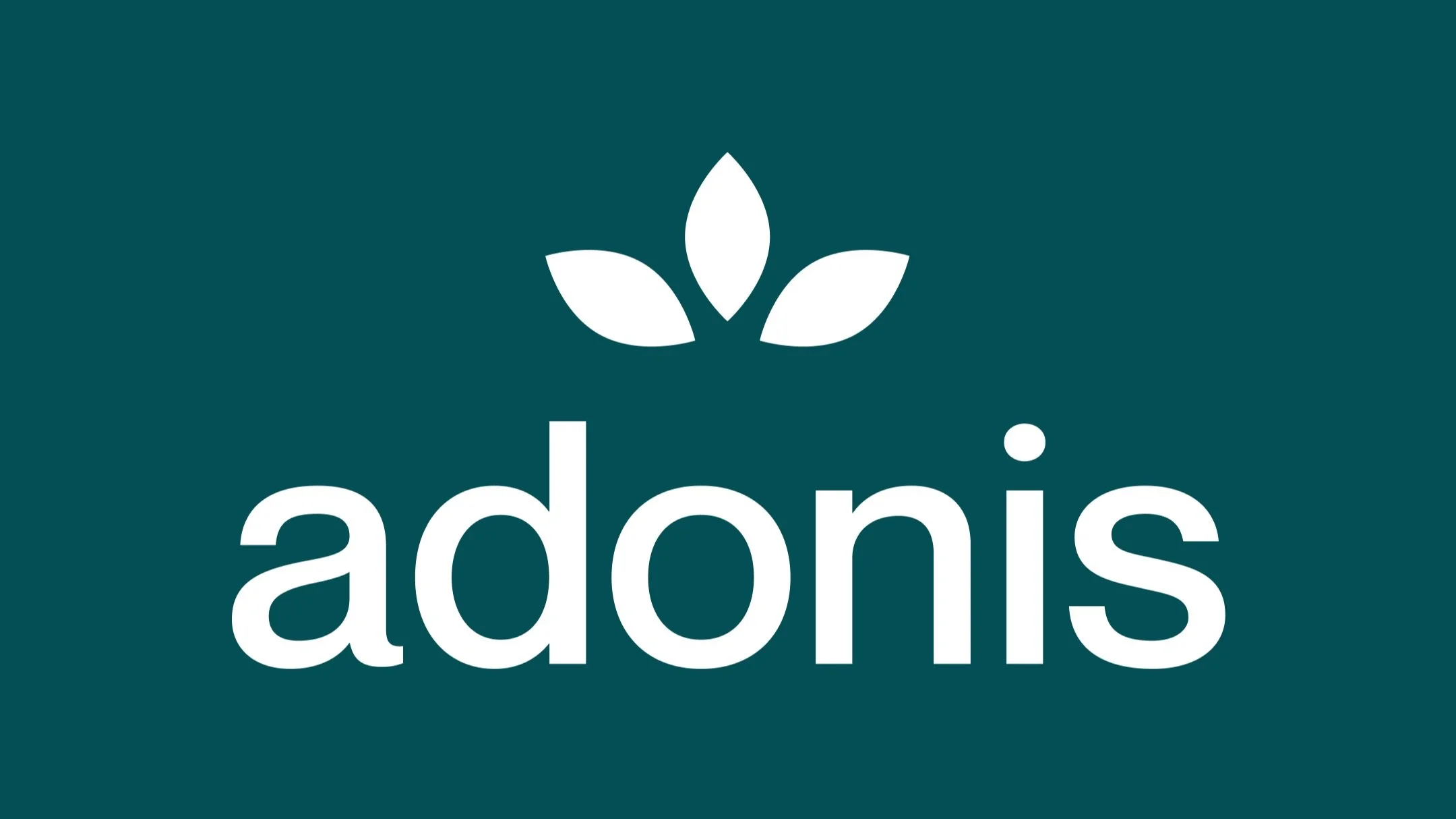 A logo with the word 'adoni' in white lowercase letters and a stylized white plant or leaves symbol above the text, set against a dark teal background.