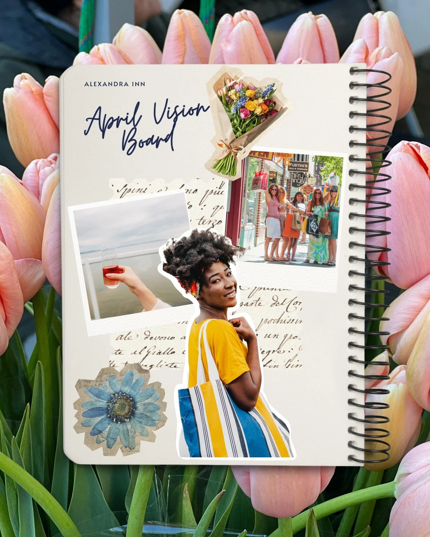 Our April vision board includes:

🗝️ Weekend getaway to Alexandra Inn, availability starting April 23rd

🍷 Enjoy a glass of "You're Making Me Blush" Ros&eacute; (available in our lobby market)

🌸 Visit @moondanceflowerfarm for fresh loca