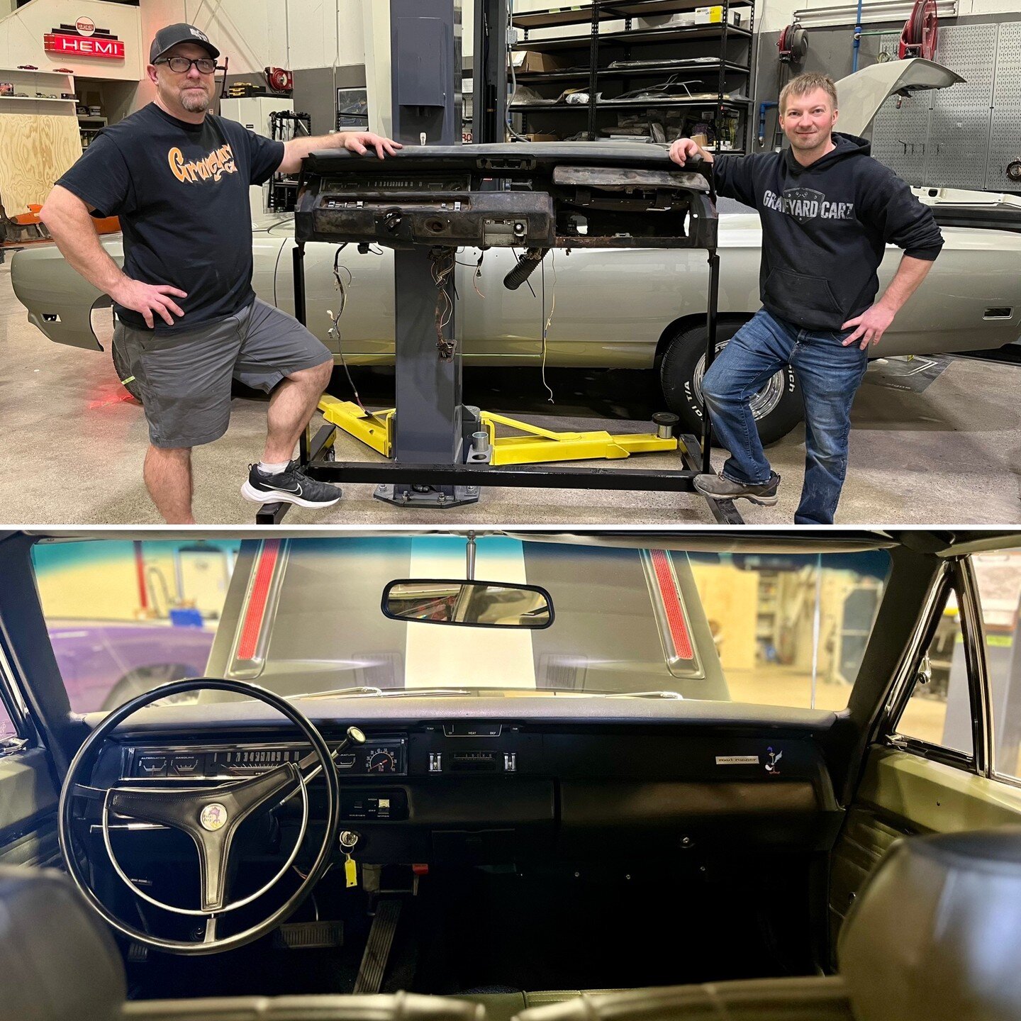 Before and after the restoration of this '69 RoadRunner's dash ☠️ 
#GraveyardCarz #MoparRestorations #MoparOrNoCar @dreammakergyc @OfficialMopar @Autometaldirect @ClassicIndustries @MotorTrendTV