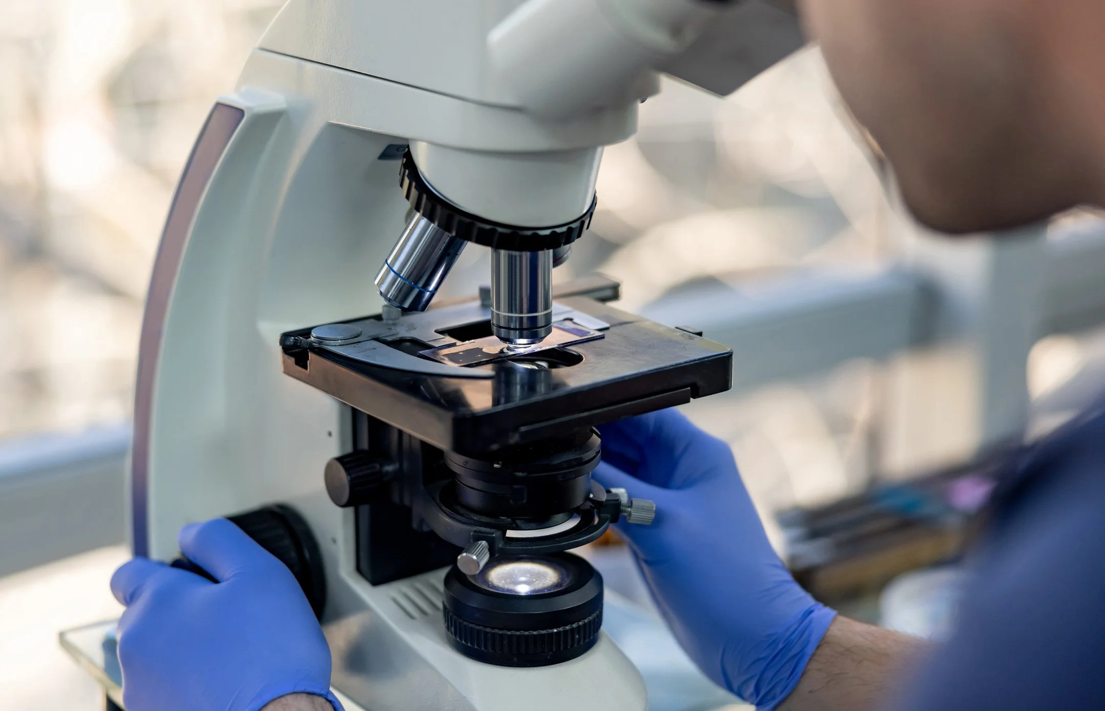 Person wearing blue lab gloves using a microscope