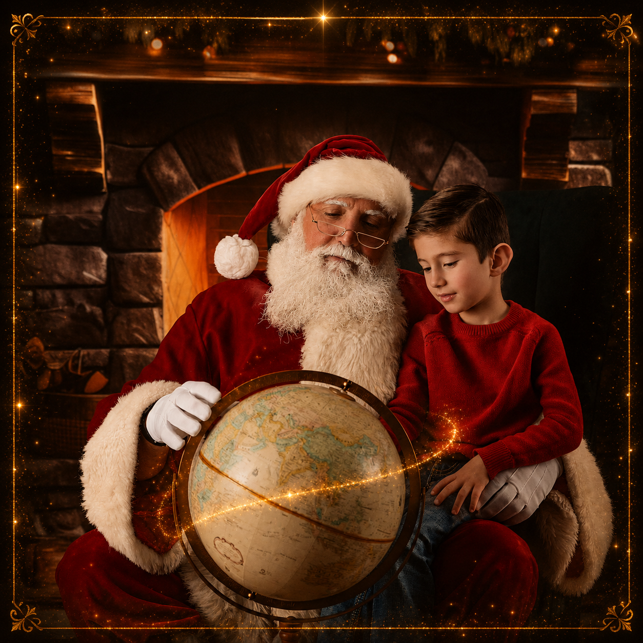 Child helping Santa solve a Christmas mystery inside Santa's Study.
