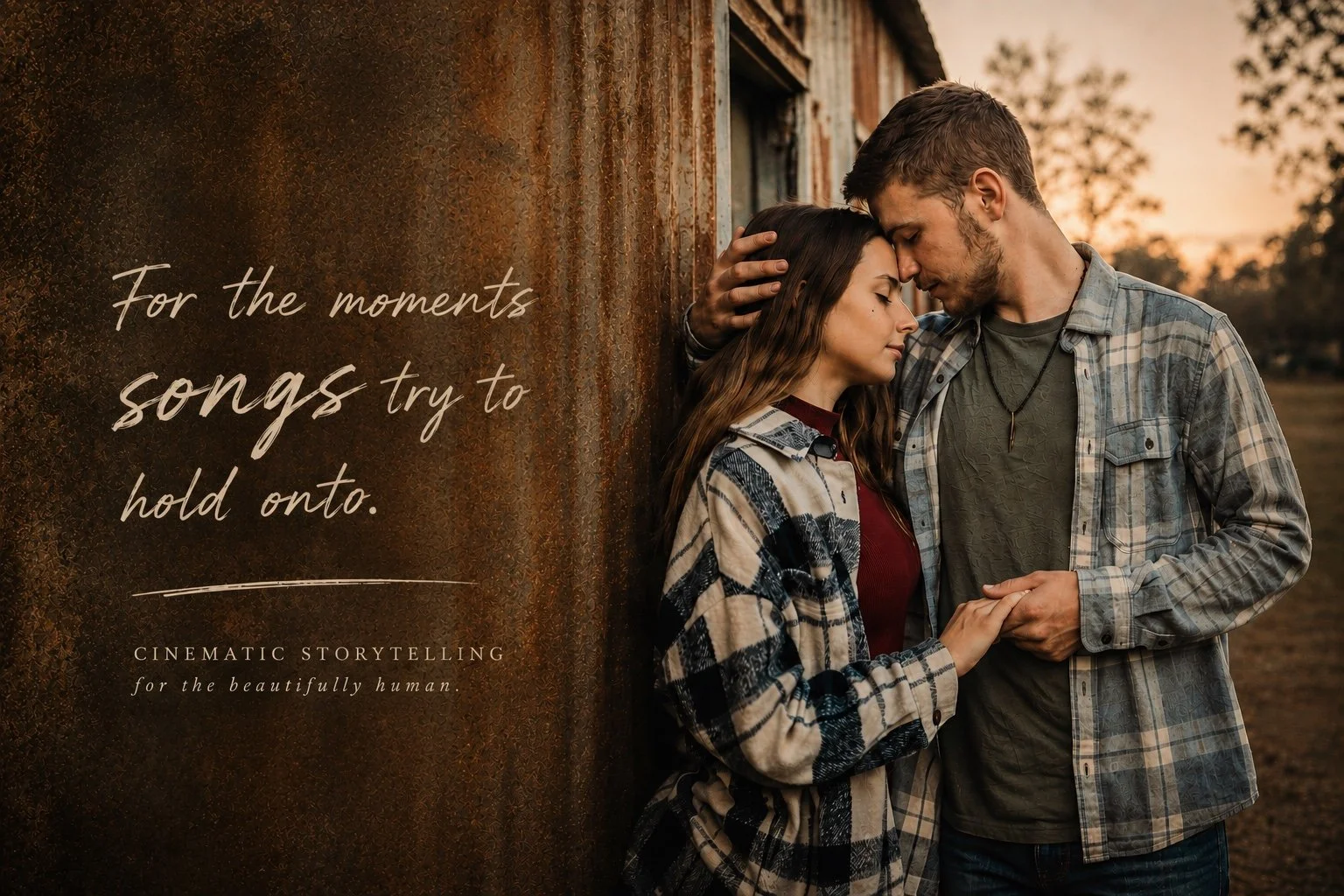a couple tenderly embracing in a rustic setting