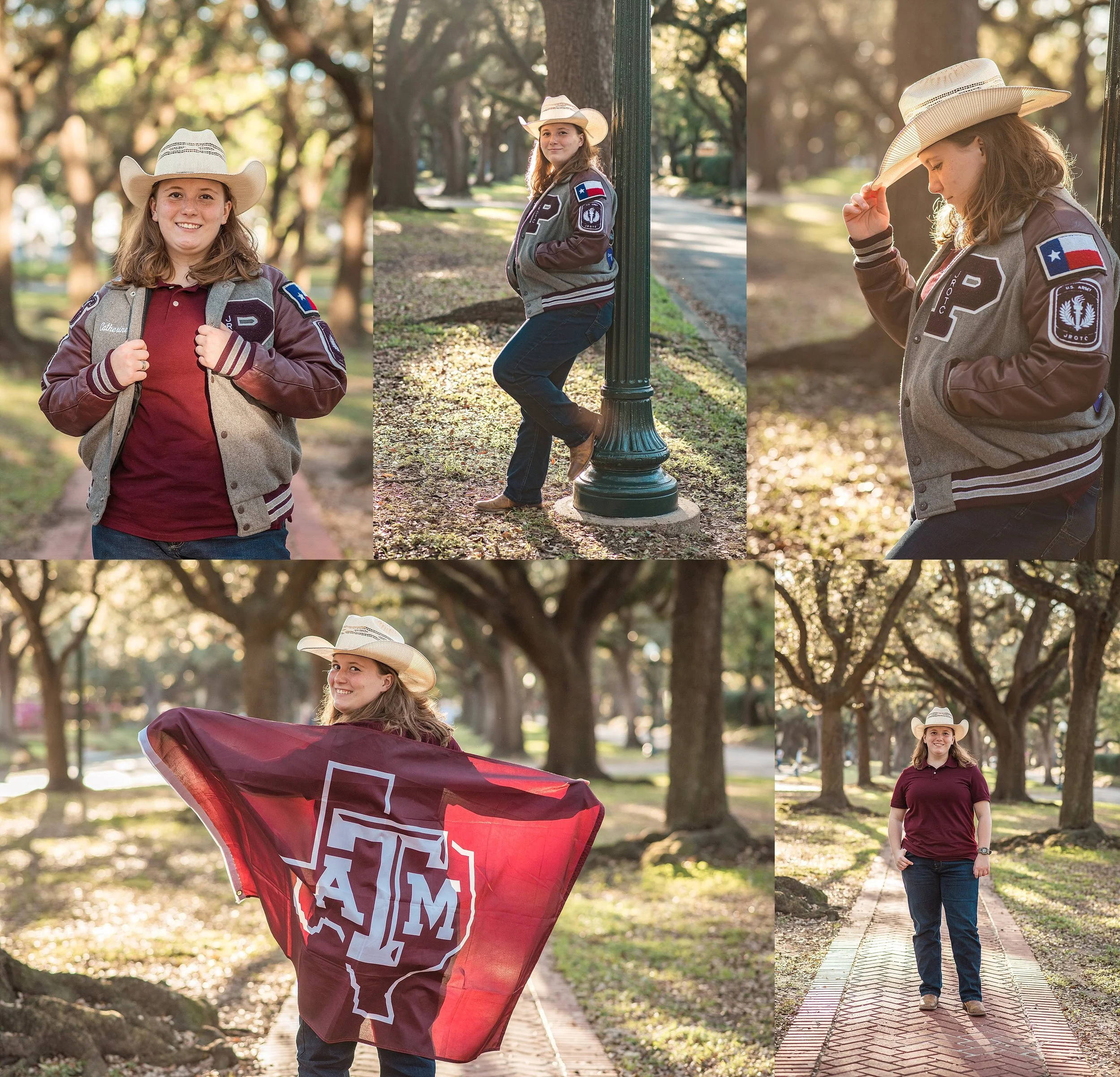 Senior girl standing on red sidewalks in Rice Village Houston