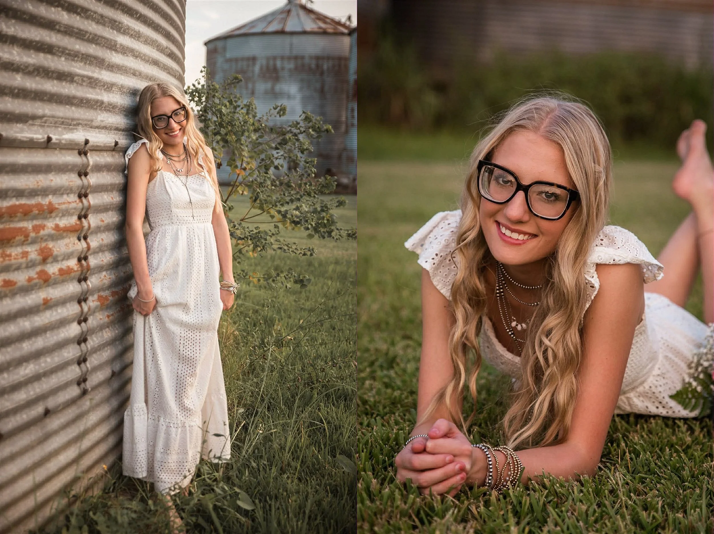 Alvin Texas FFA senior portrait with rustic grain silos and country farmland background